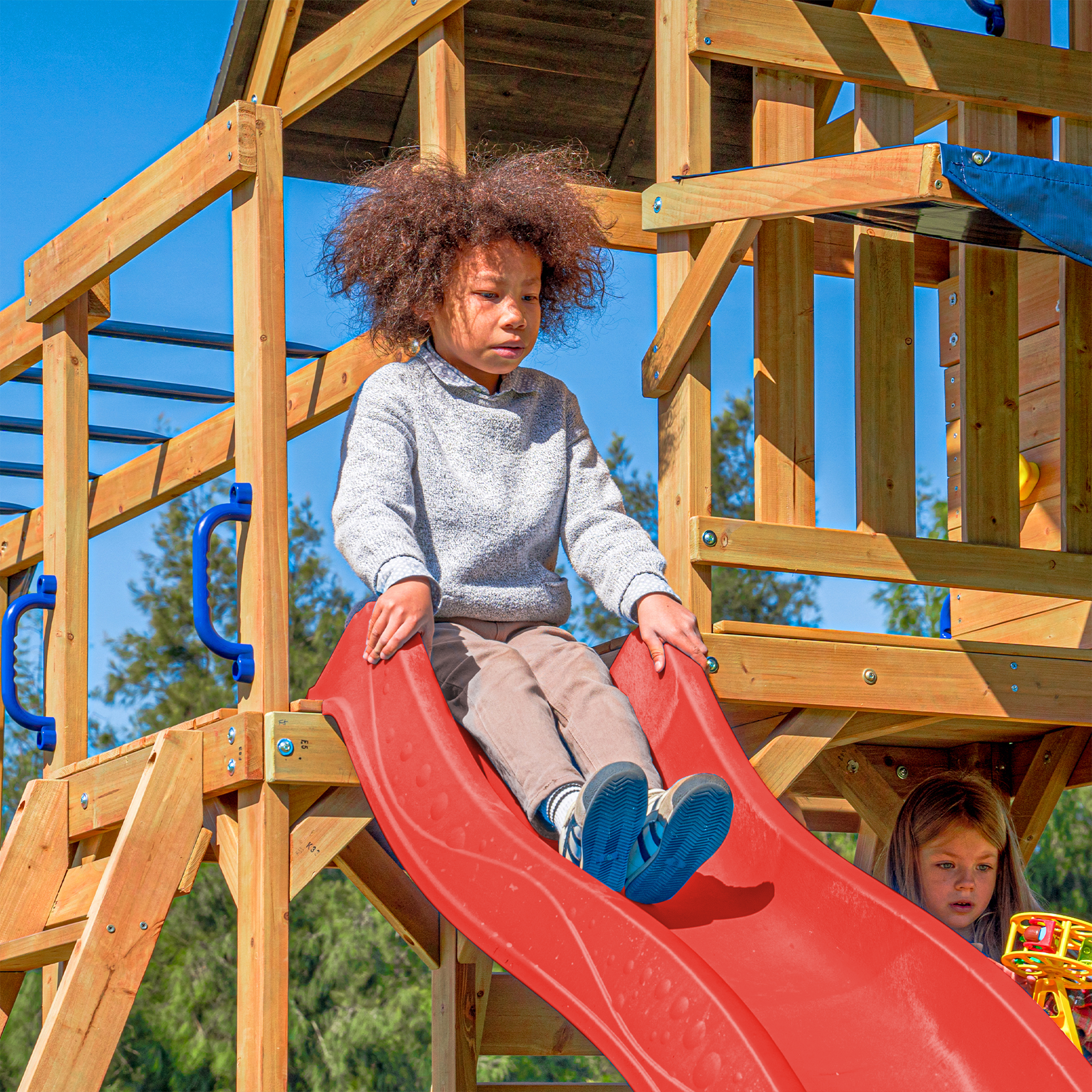 AXI Mitch Climbing Frame with Double Swing, Trapeze and Lookout Tower – Red Slide