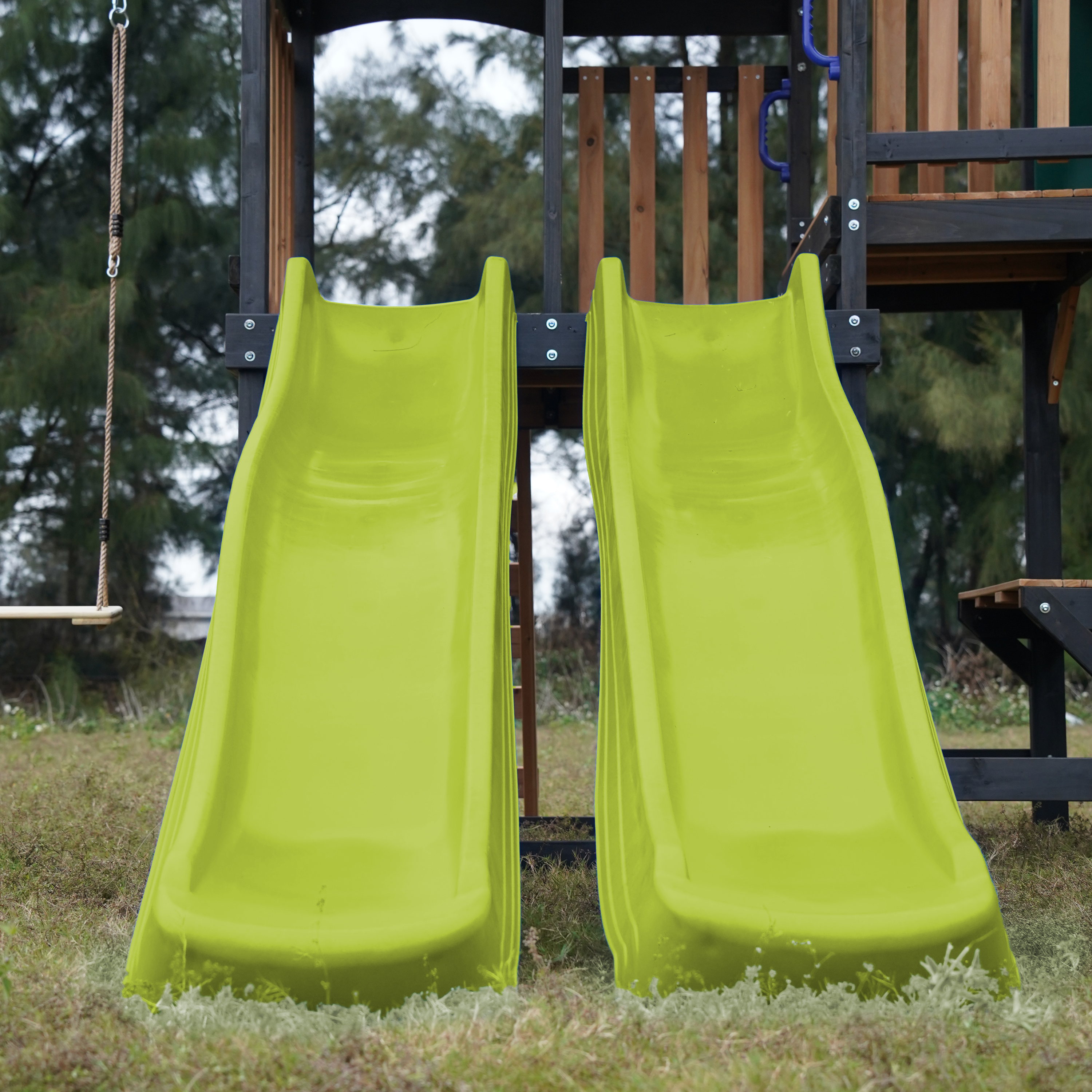 AXI Cody Climbing Frame with Swings, Trapeze and Climbing Wall – Lime Green Double Slide and Tube Slide