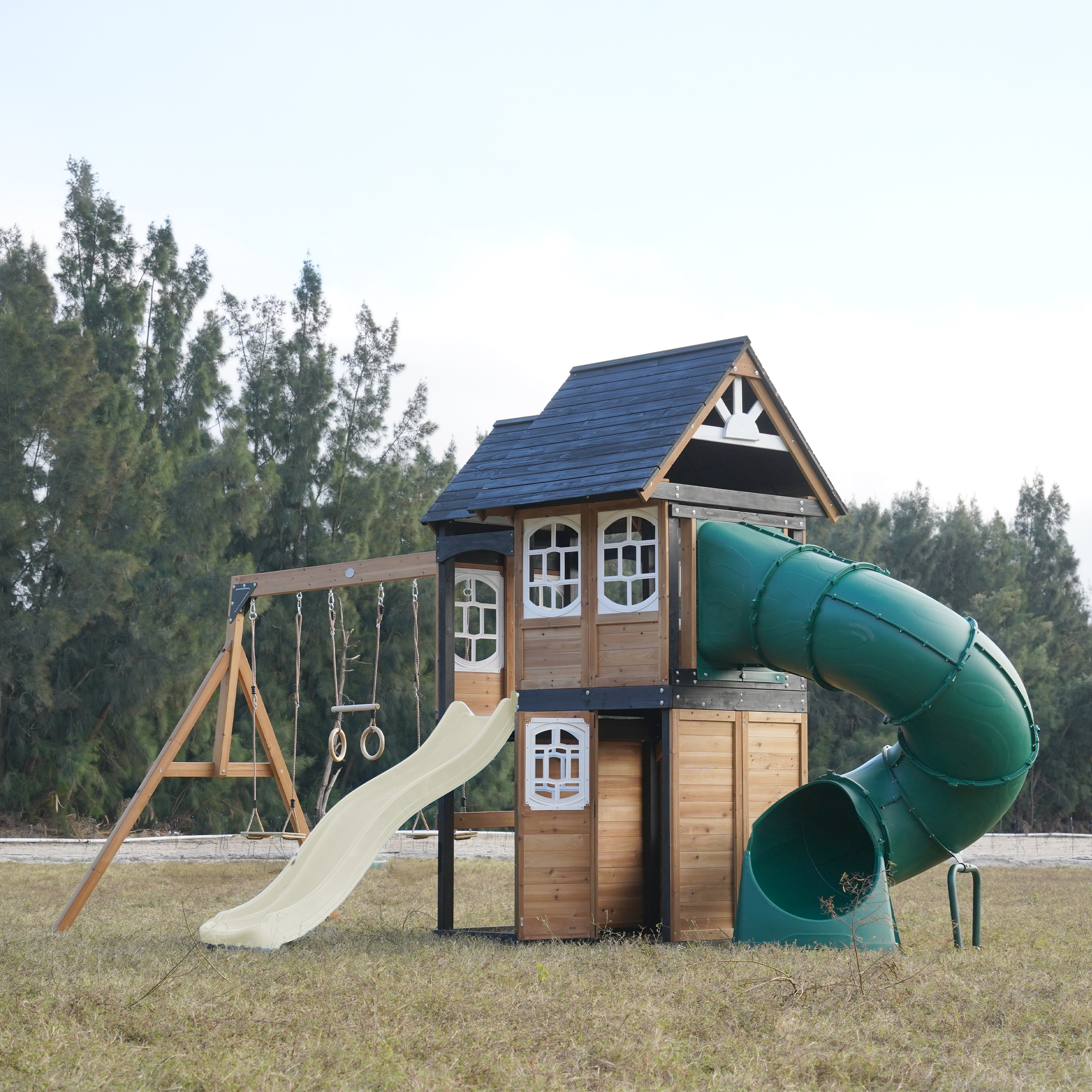AXI Noud Climbing Frame with Playhouse. Swings. Trapeze and Climbing Wall – Cream Slide and Tube Slide