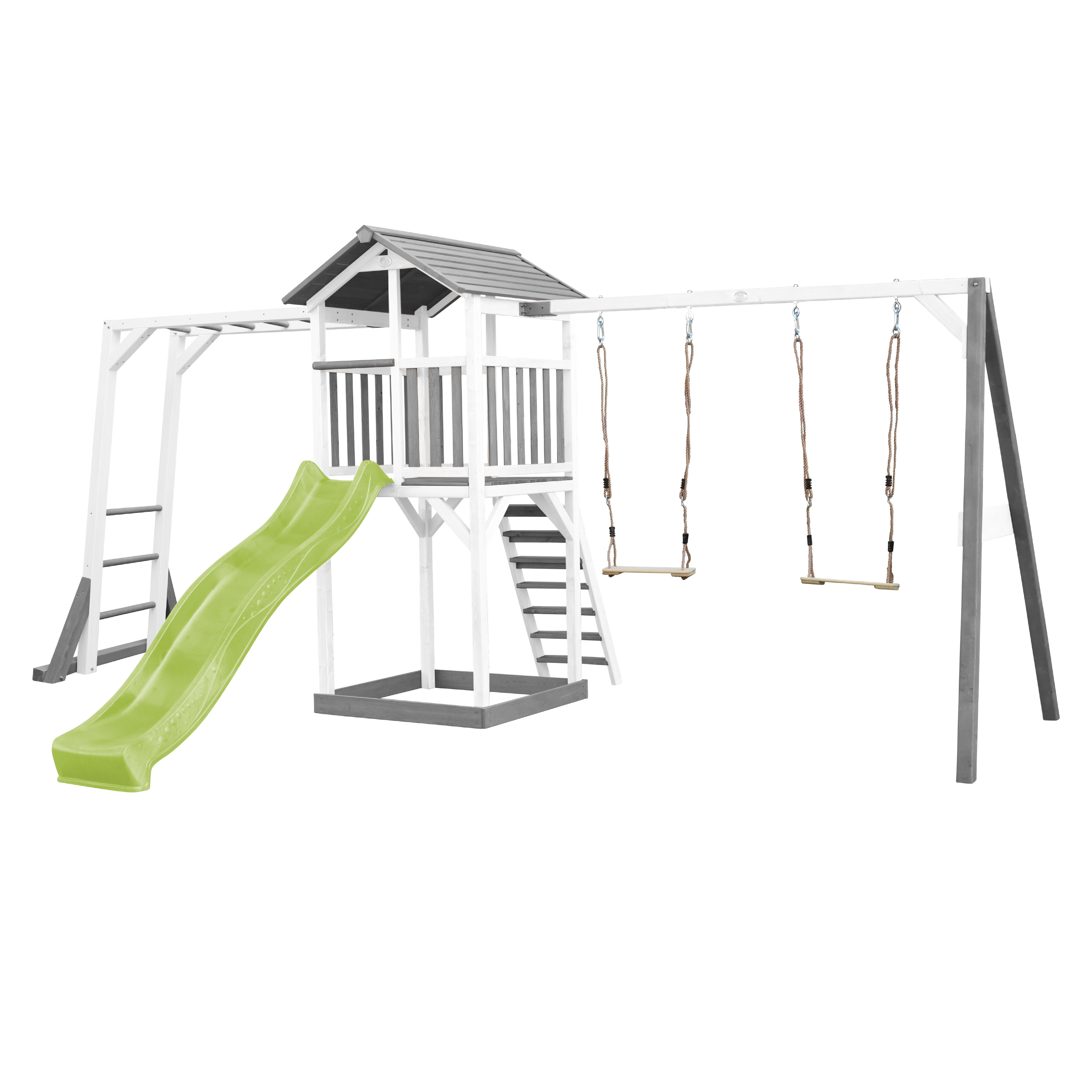 AXI Beach Tower with Climbing Frame and Double Swing Set Grey/White - Lime Green Slide