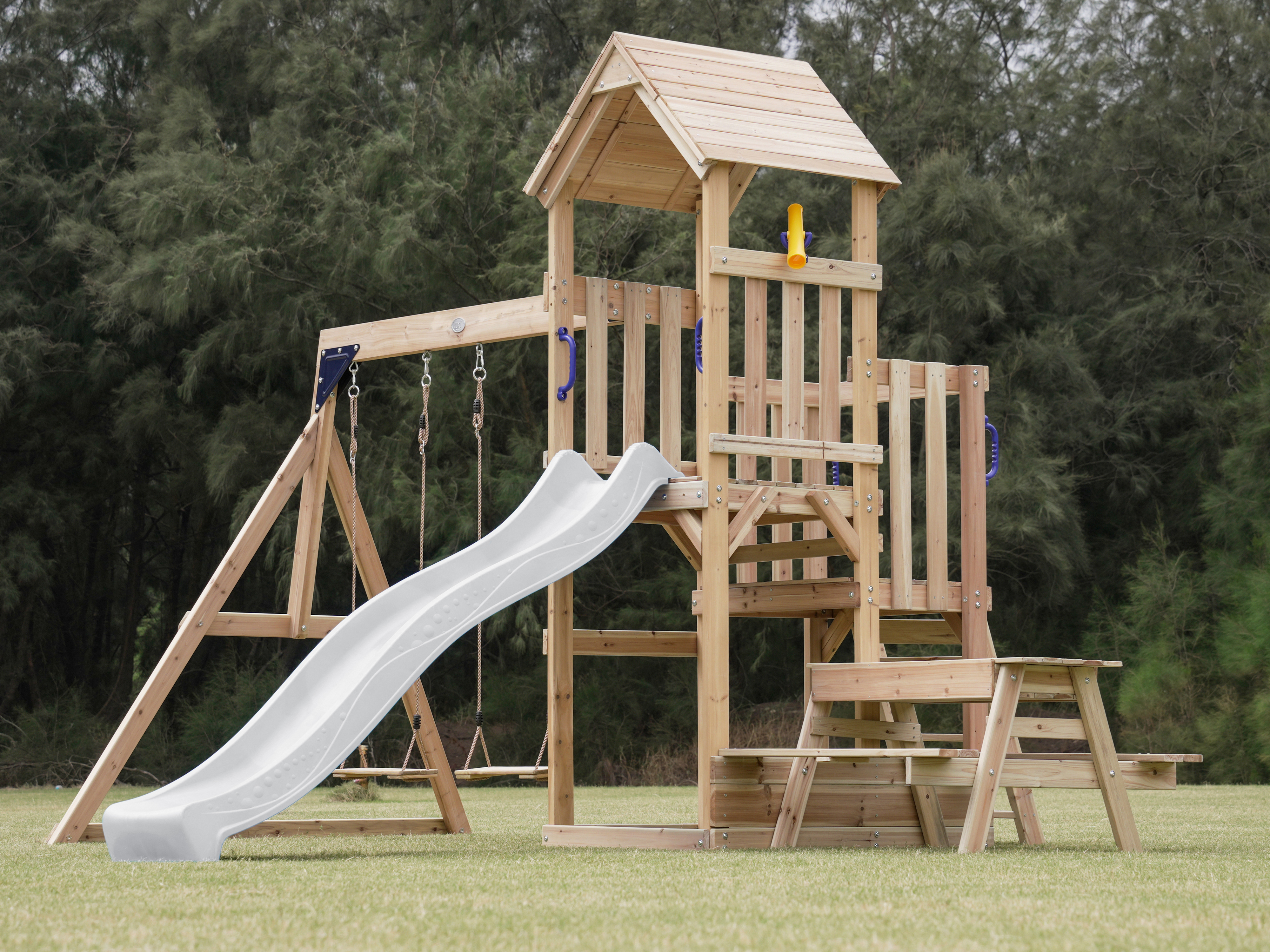 AXI Mette Climbing Frame with Double Swing Set and Picnic Table - White Slide