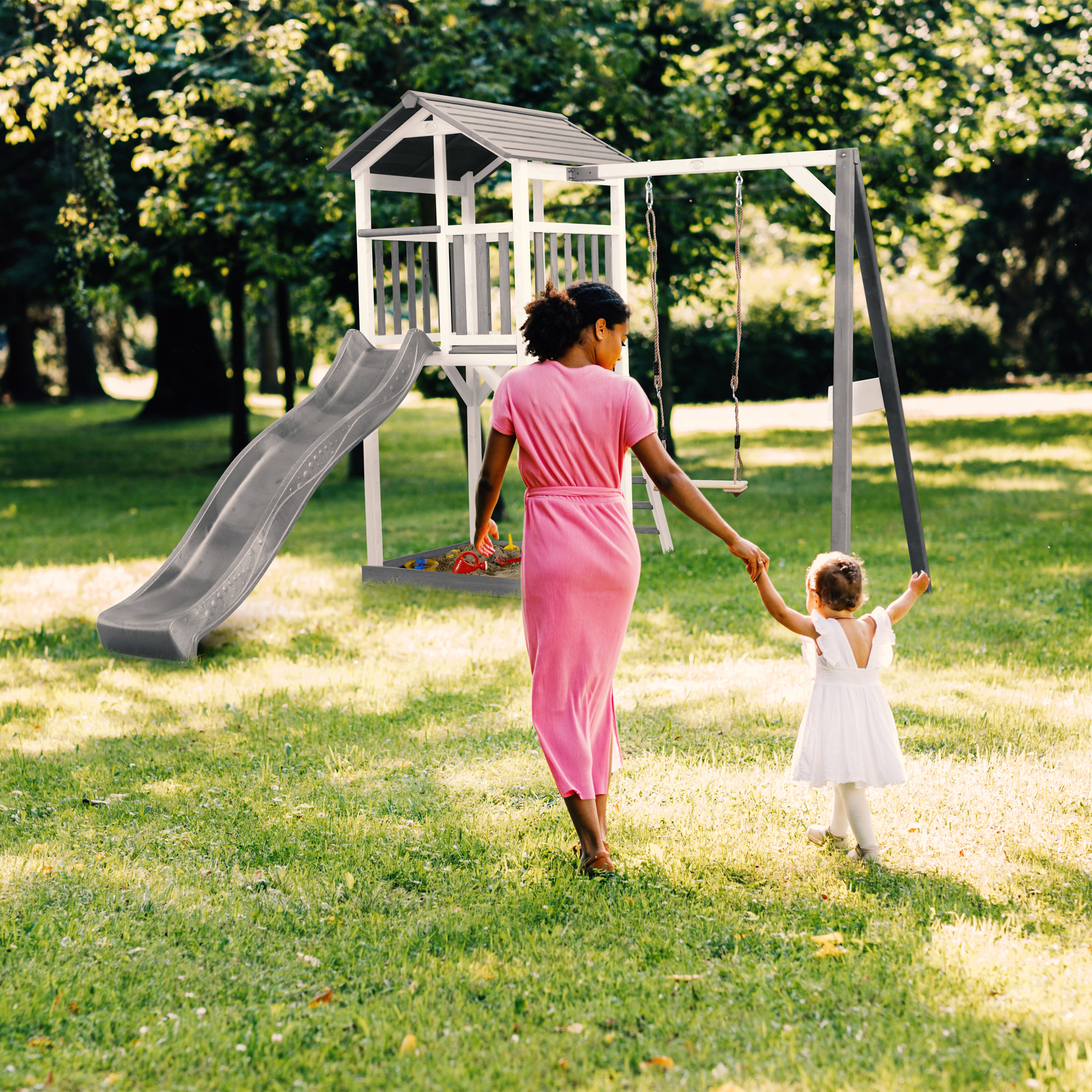 AXI Beach Tower with Single Swing Set Grey/White - Grey Slide