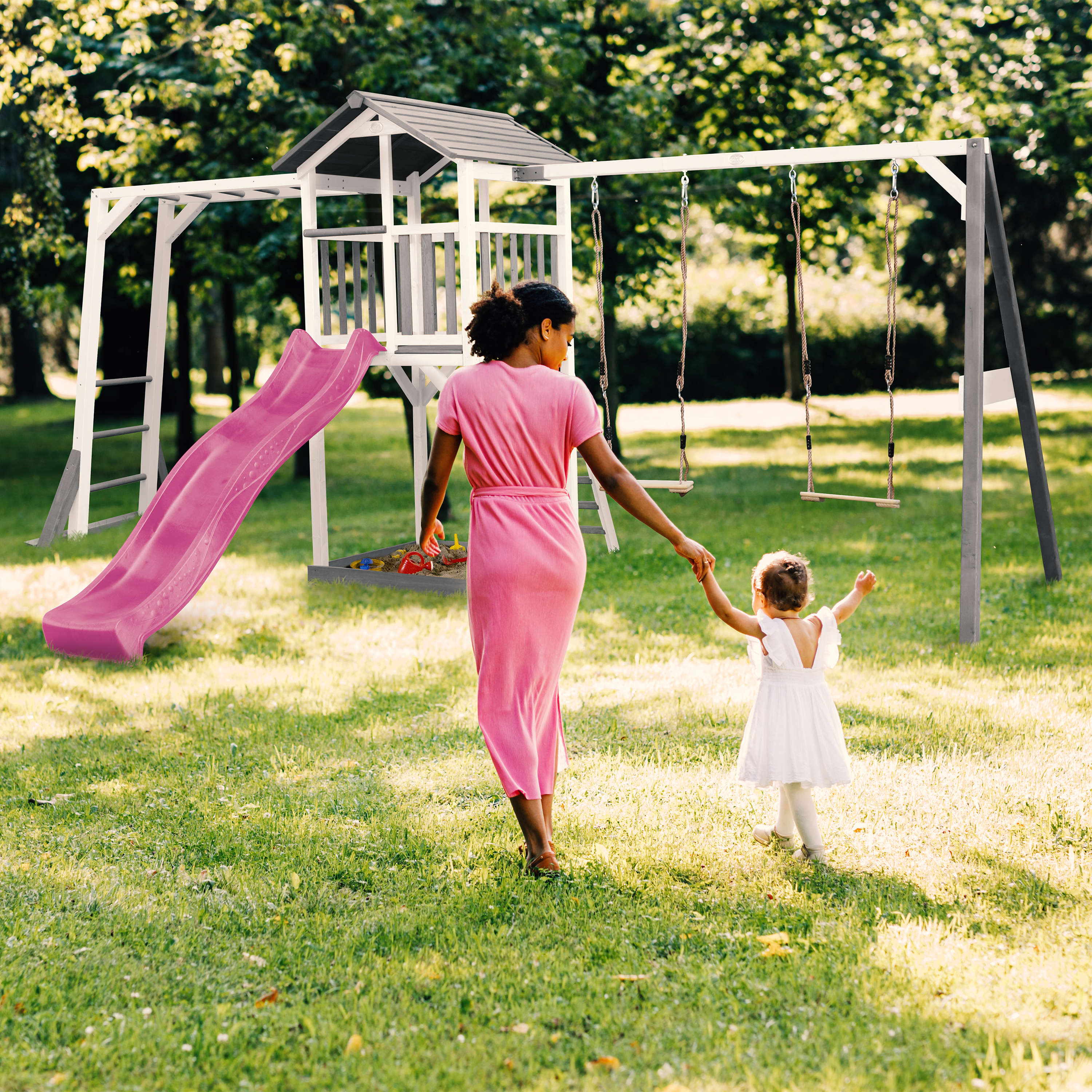 AXI Beach Tower with Climbing Frame and Double Swing Set Grey/White - Purple Slide