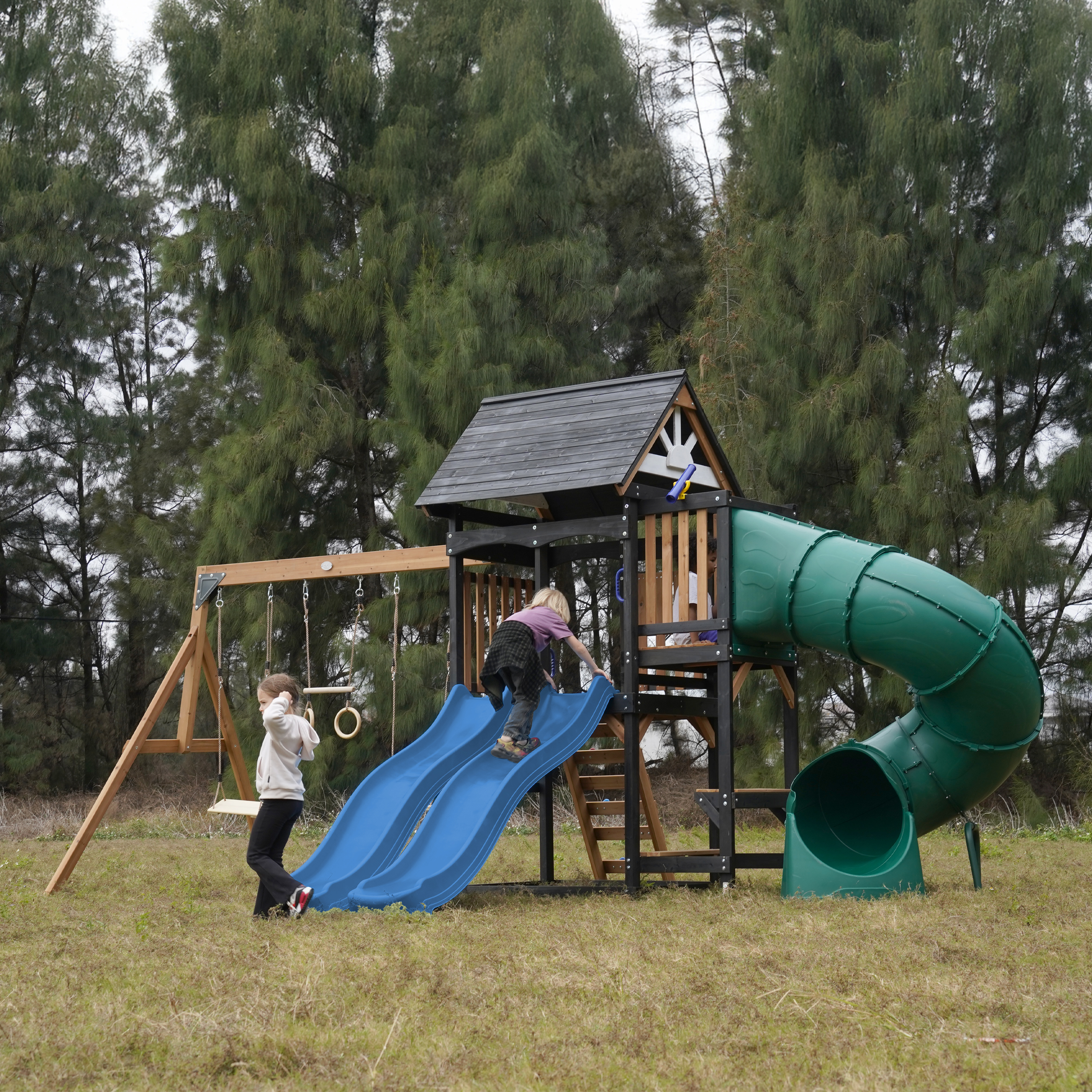AXI Cody Climbing Frame with Swings. Trapeze and Climbing Wall – Blue Double Slide and Tube Slide