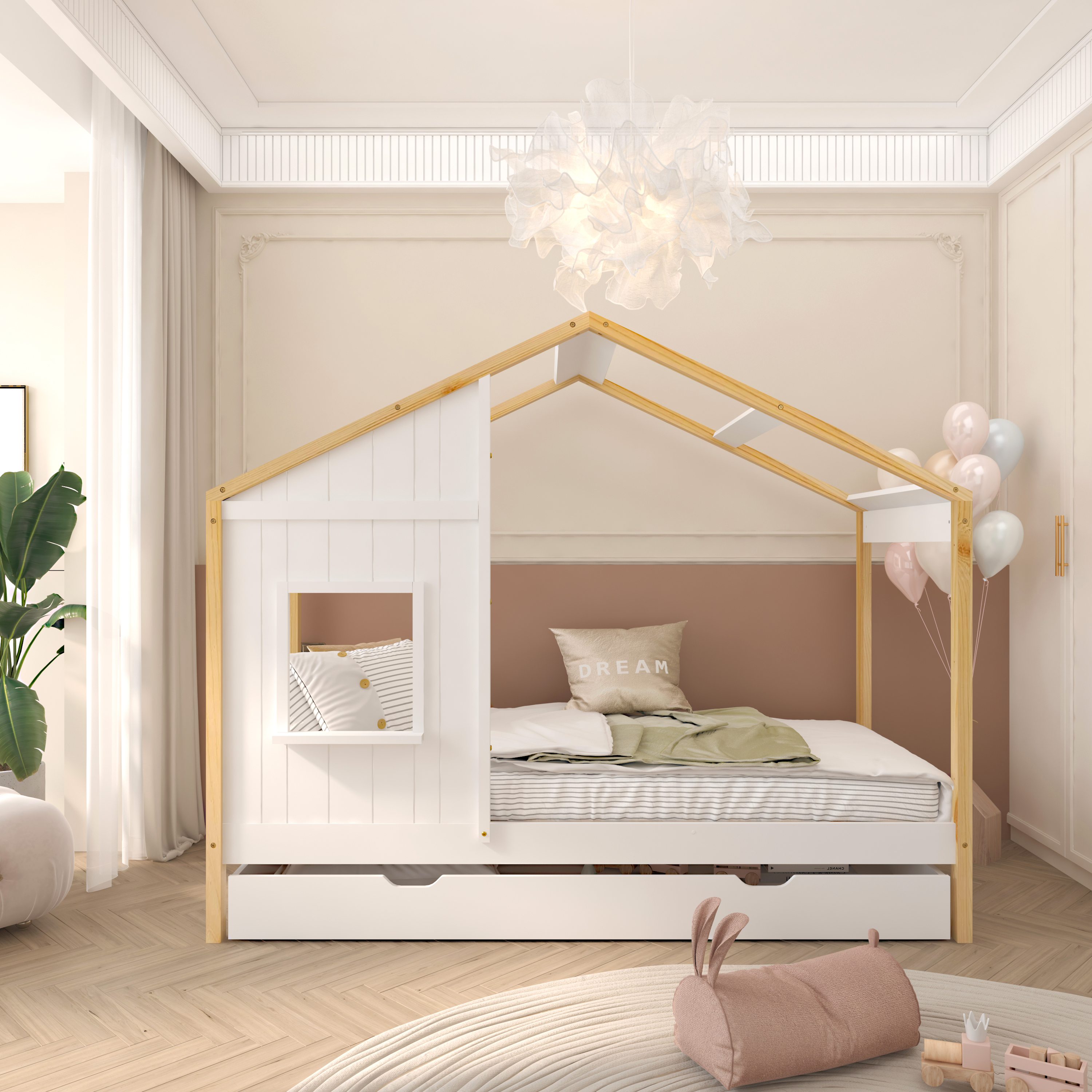 Sunny Beau House Bed with Storage Drawer Brown/White – Without Mattress