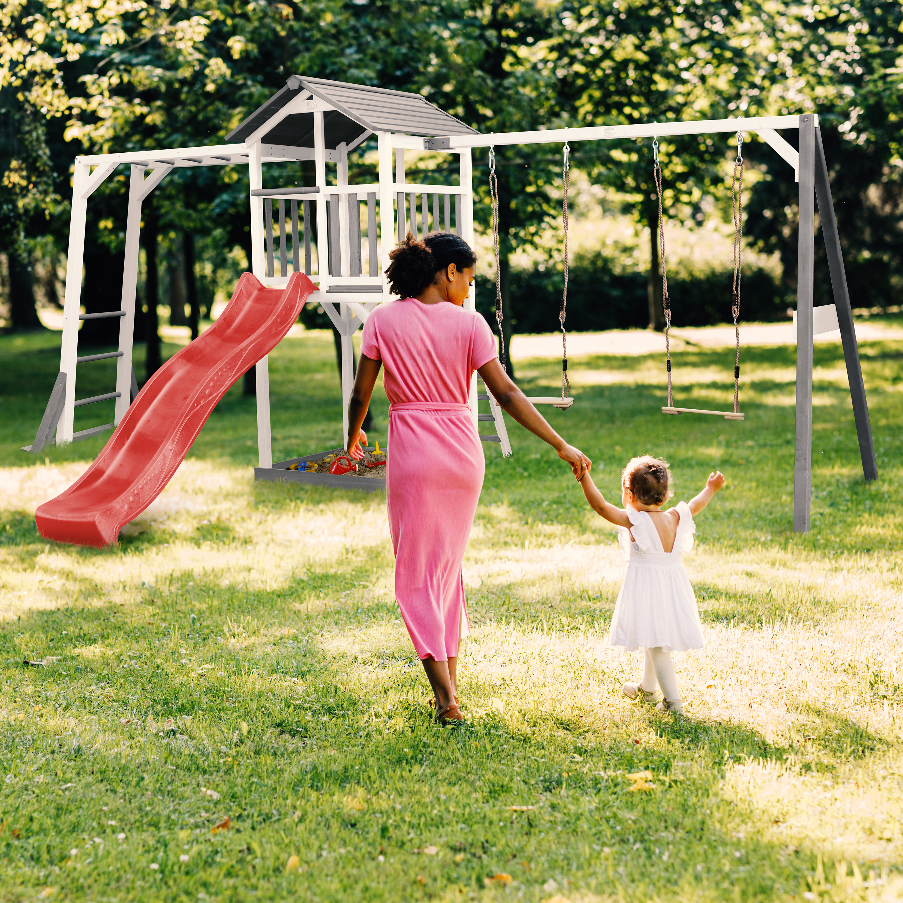 AXI Beach Tower with Climbing Frame and Double Swing Set Grey/White - Red Slide