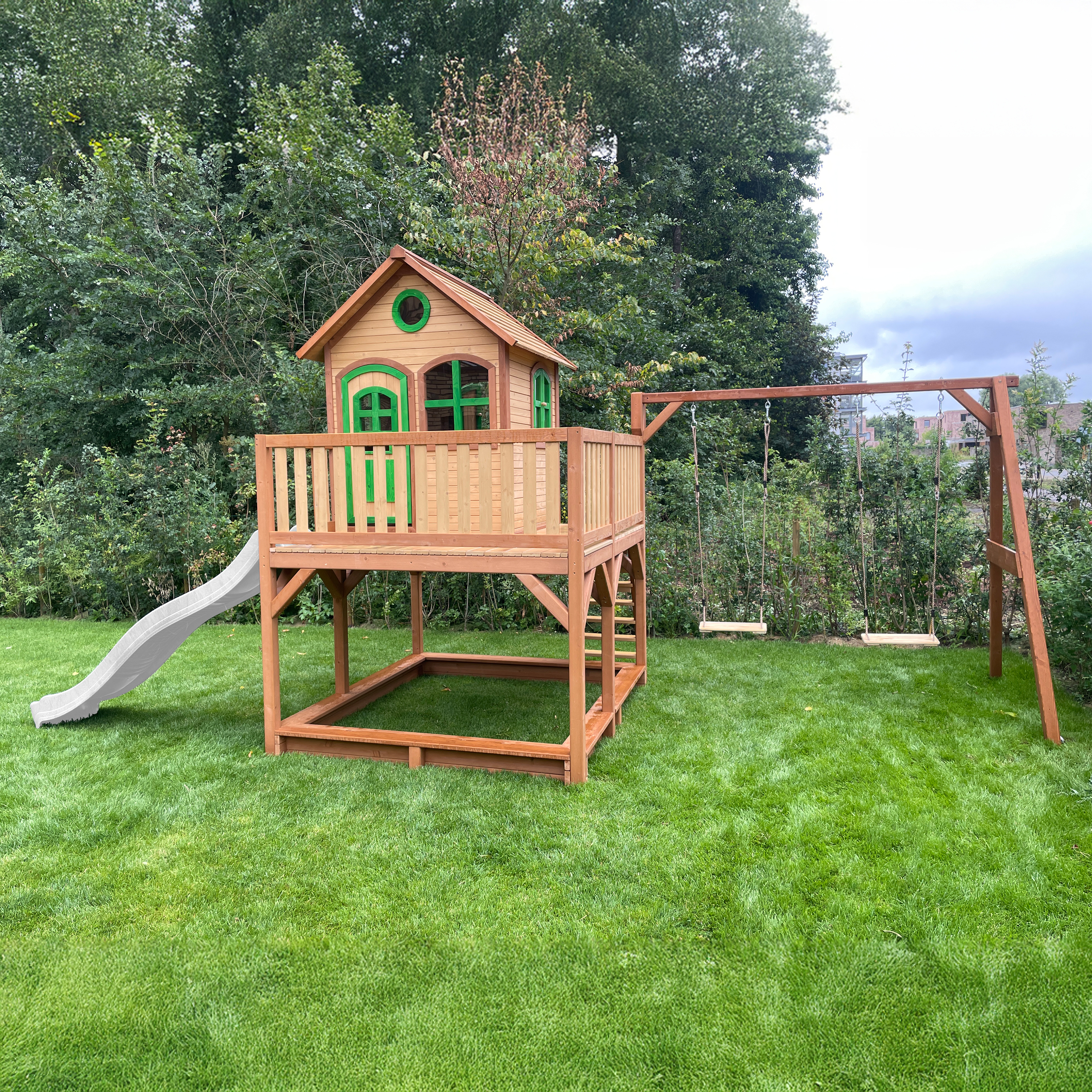 AXI Liam Playhouse with Double Swing Set Brown/Green - White Slide