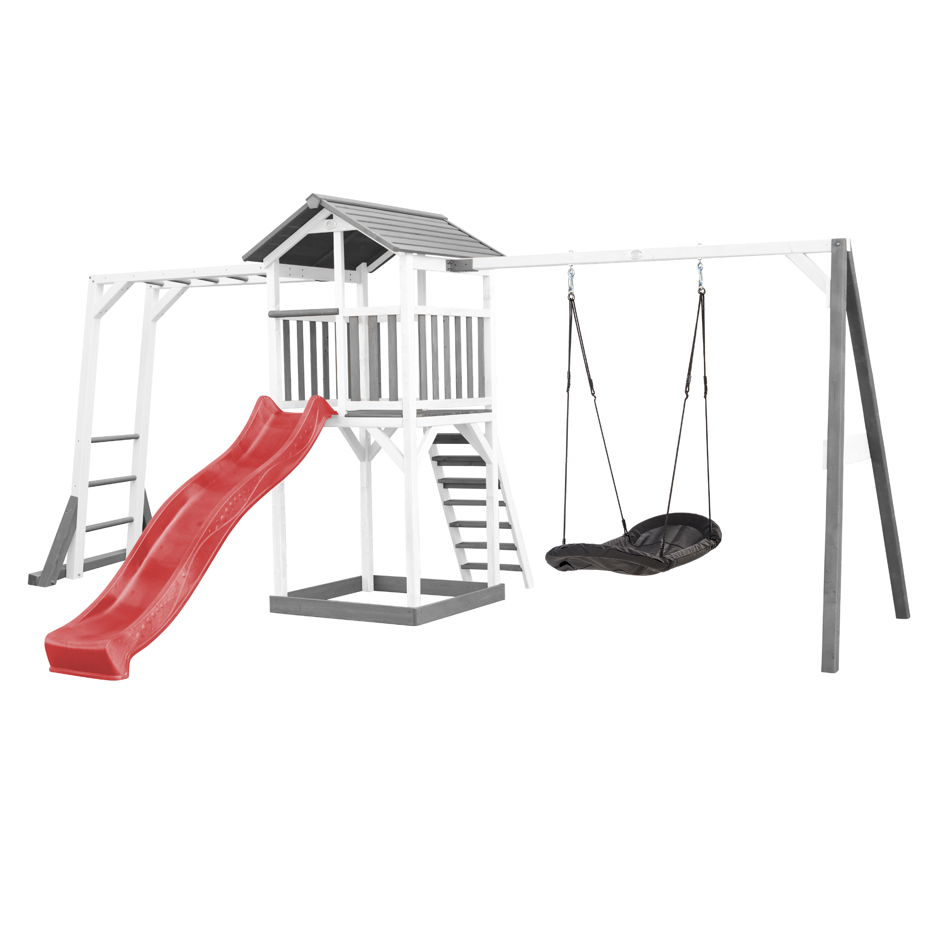 AXI Beach Tower with Climbing Frame and Roxy Nest Swing Set Grey/White - Red Slide