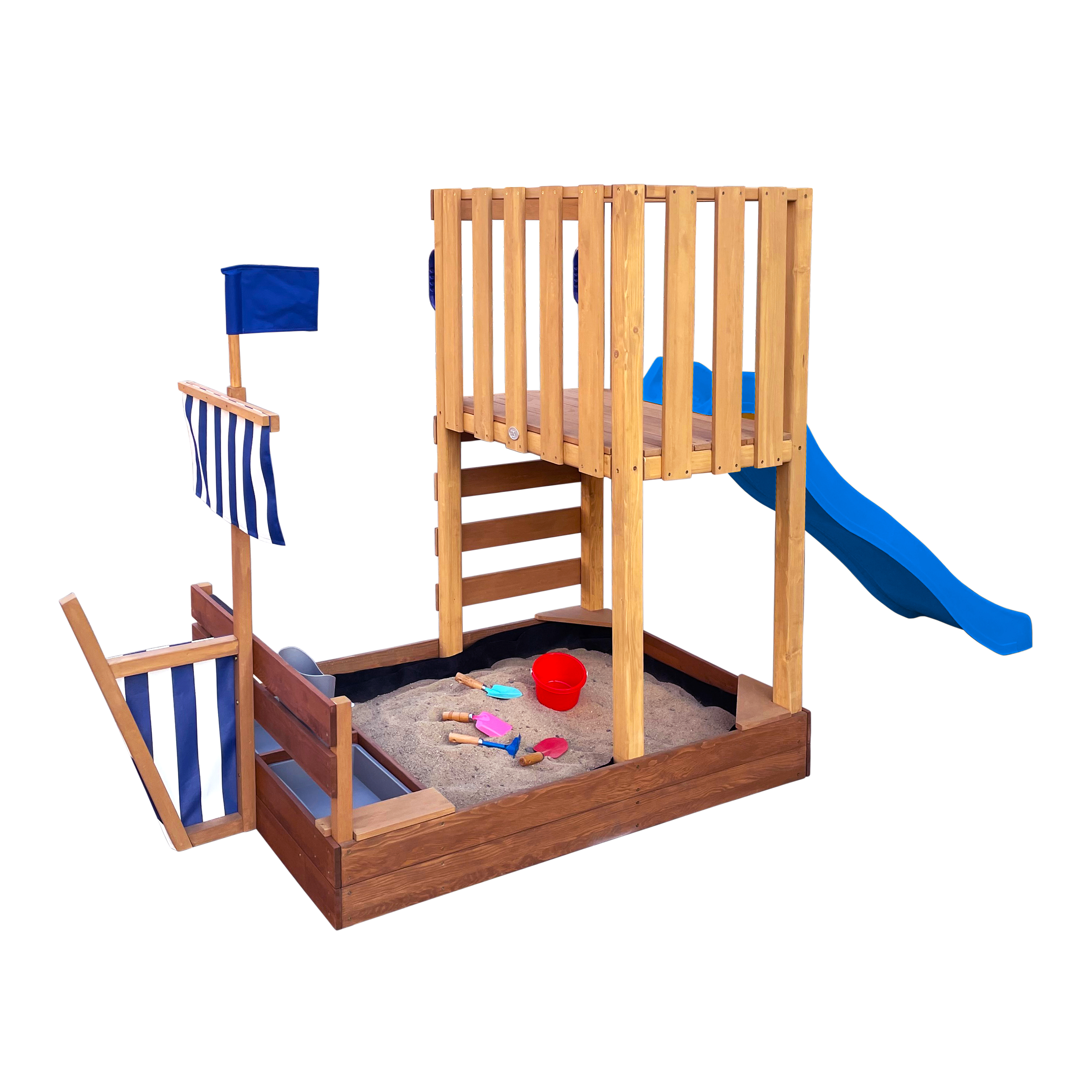 AXI Vicky Climbing Frame with Sandbox, Play Kitchen & Chalkboard – Blue Slide