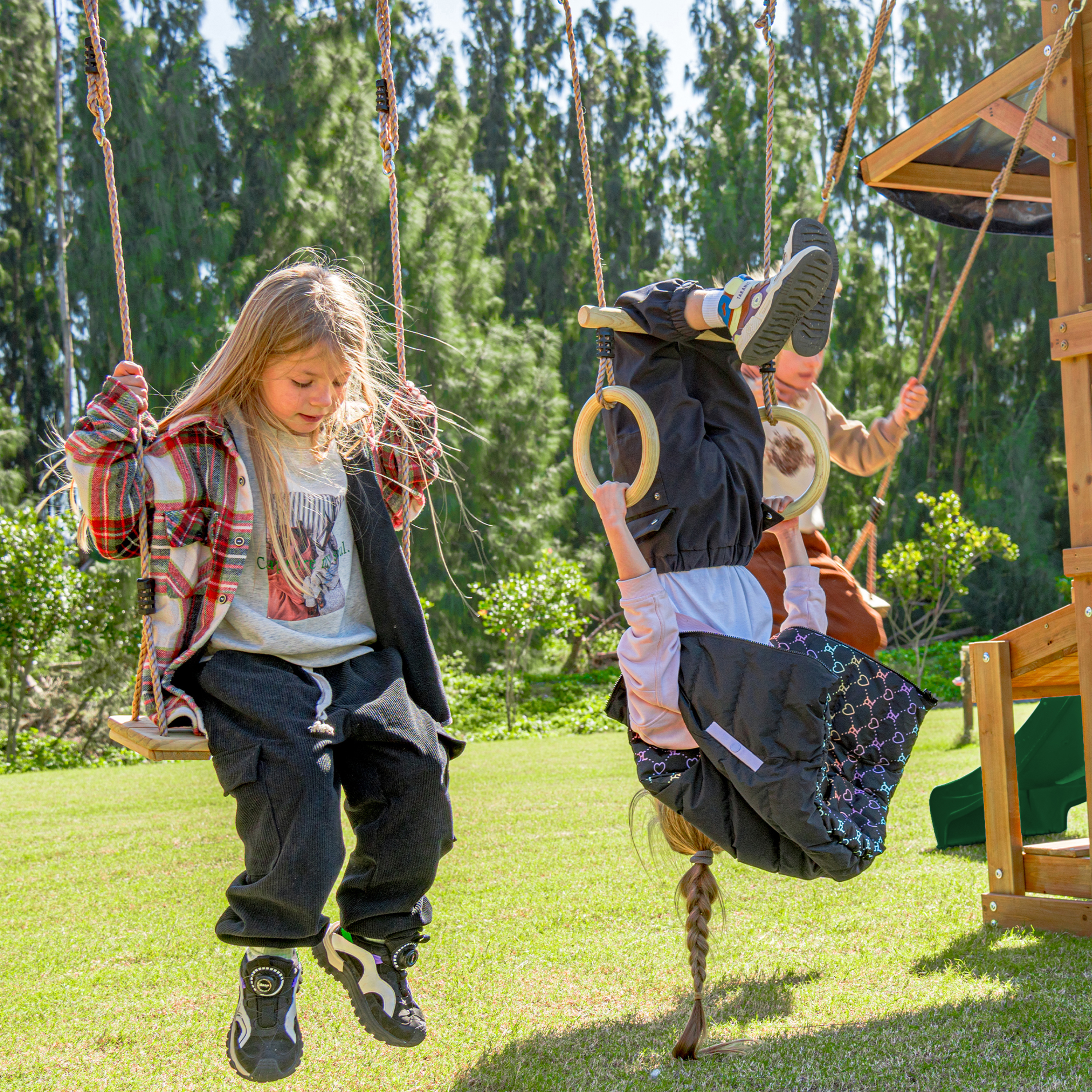 AXI Mitch Climbing Frame with Double Swing. Trapeze and Lookout Tower – Green Slide