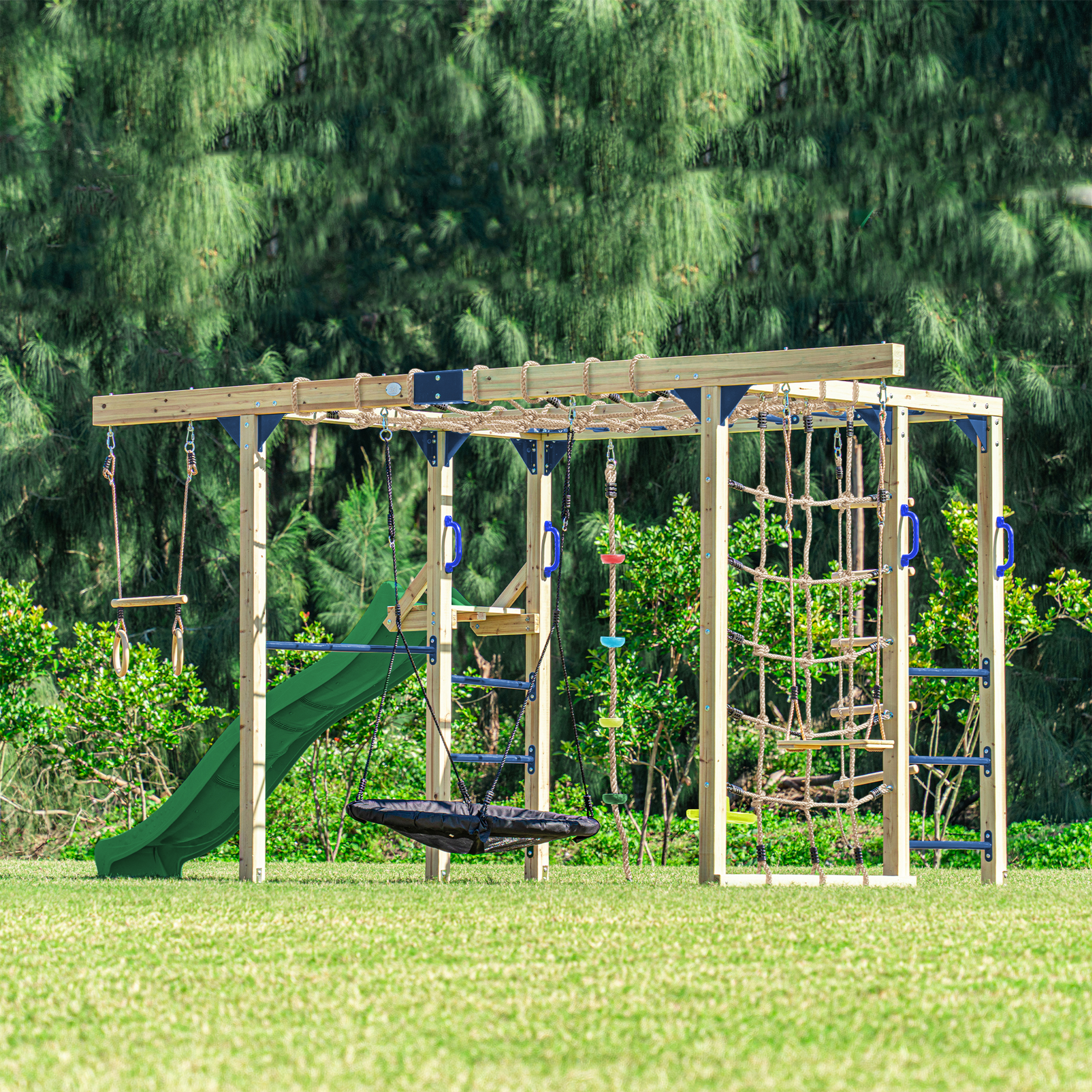 AXI Boris Wooden Playcentre with Swings. Trapeze. Climbing Nets and Monkey Bars – Green Slide