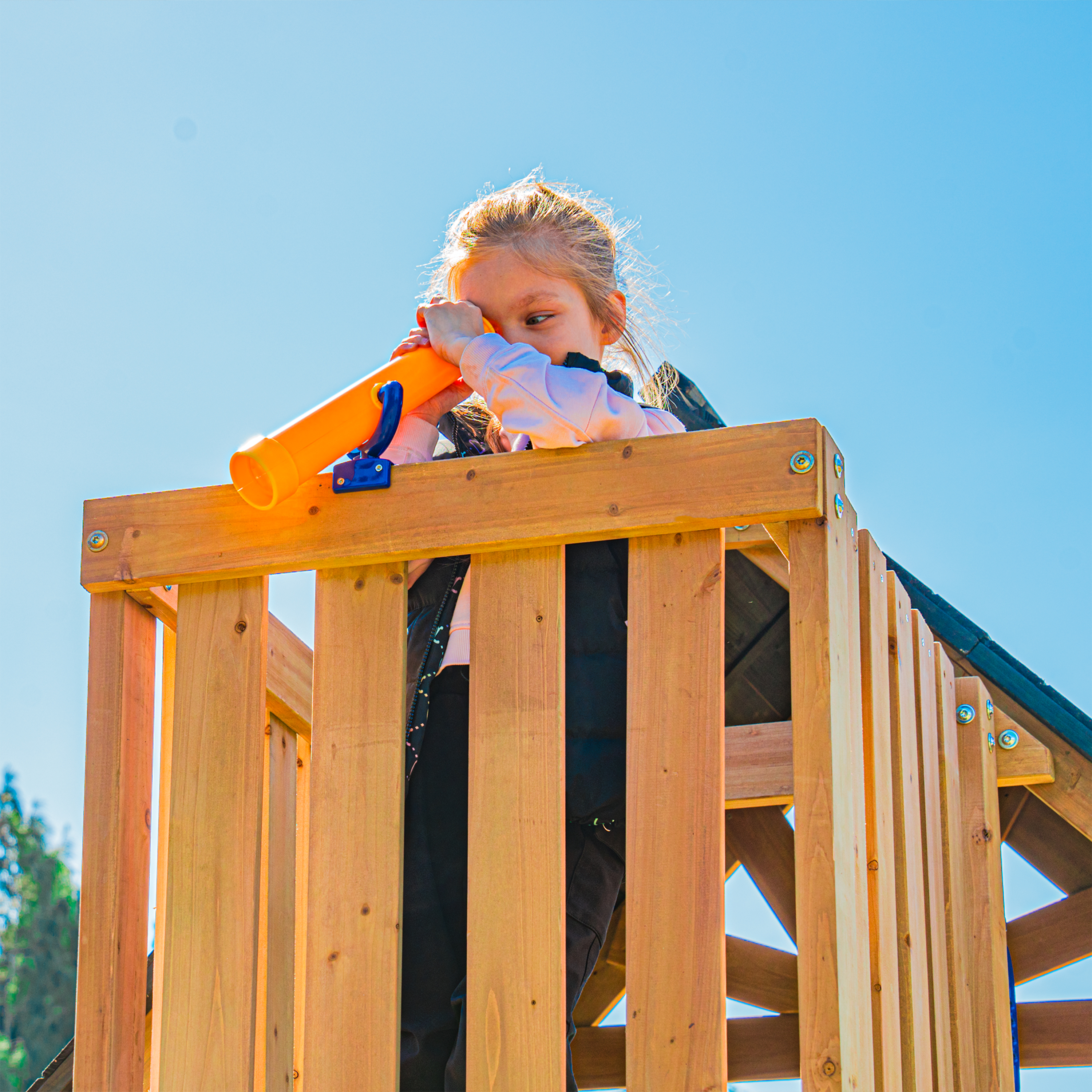 AXI Mitch Climbing Frame with Double Swing. Trapeze and Lookout Tower – Pastel Blue Slide