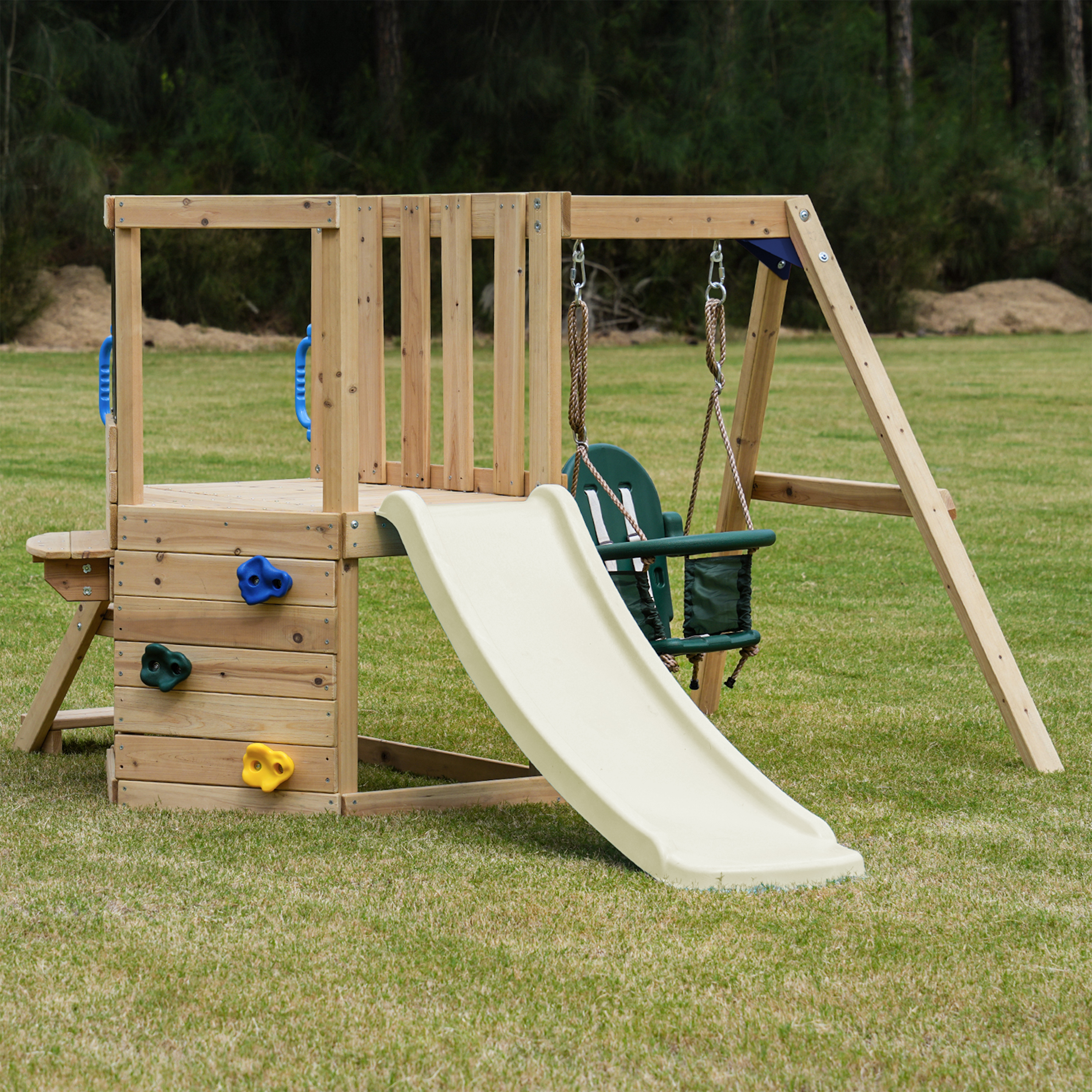 AXI Timo Mini Climbing Frame with Baby Swing. Climbing Wall and Chalkboard – Cream Slide