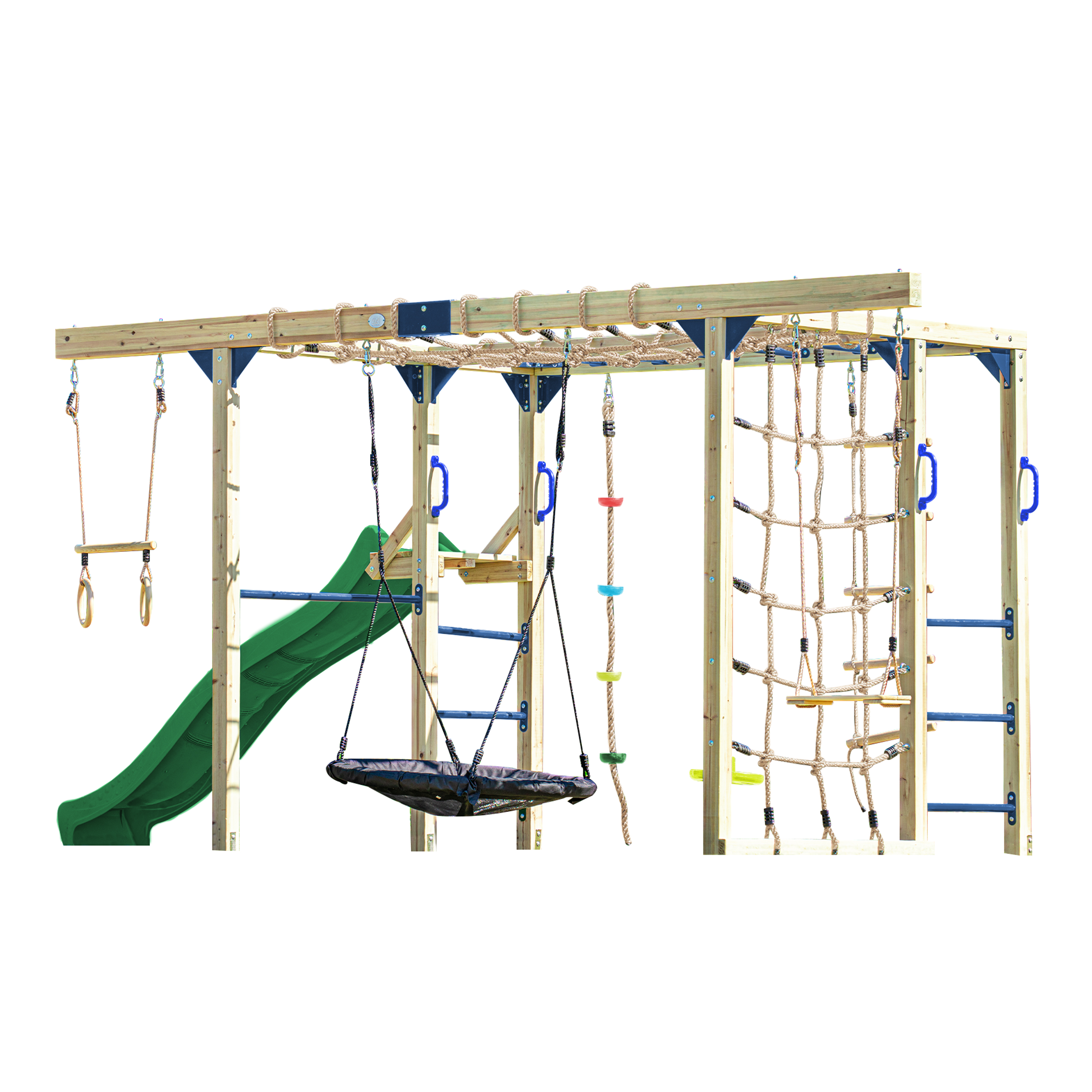 AXI Boris Wooden Playcentre with Swings. Trapeze. Climbing Nets and Monkey Bars – Green Slide