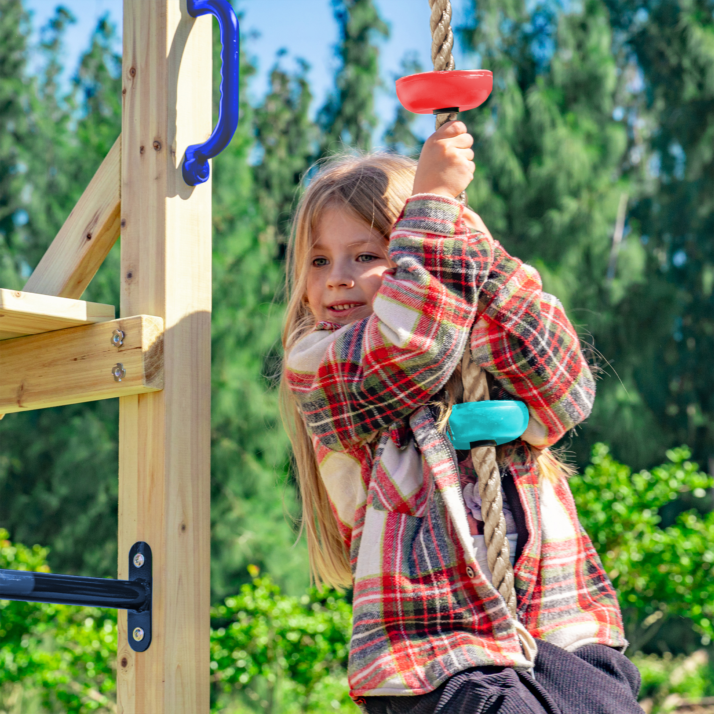 AXI Boris Wooden Playcentre with Swings. Trapeze. Climbing Nets and Monkey Bars – Red Slide