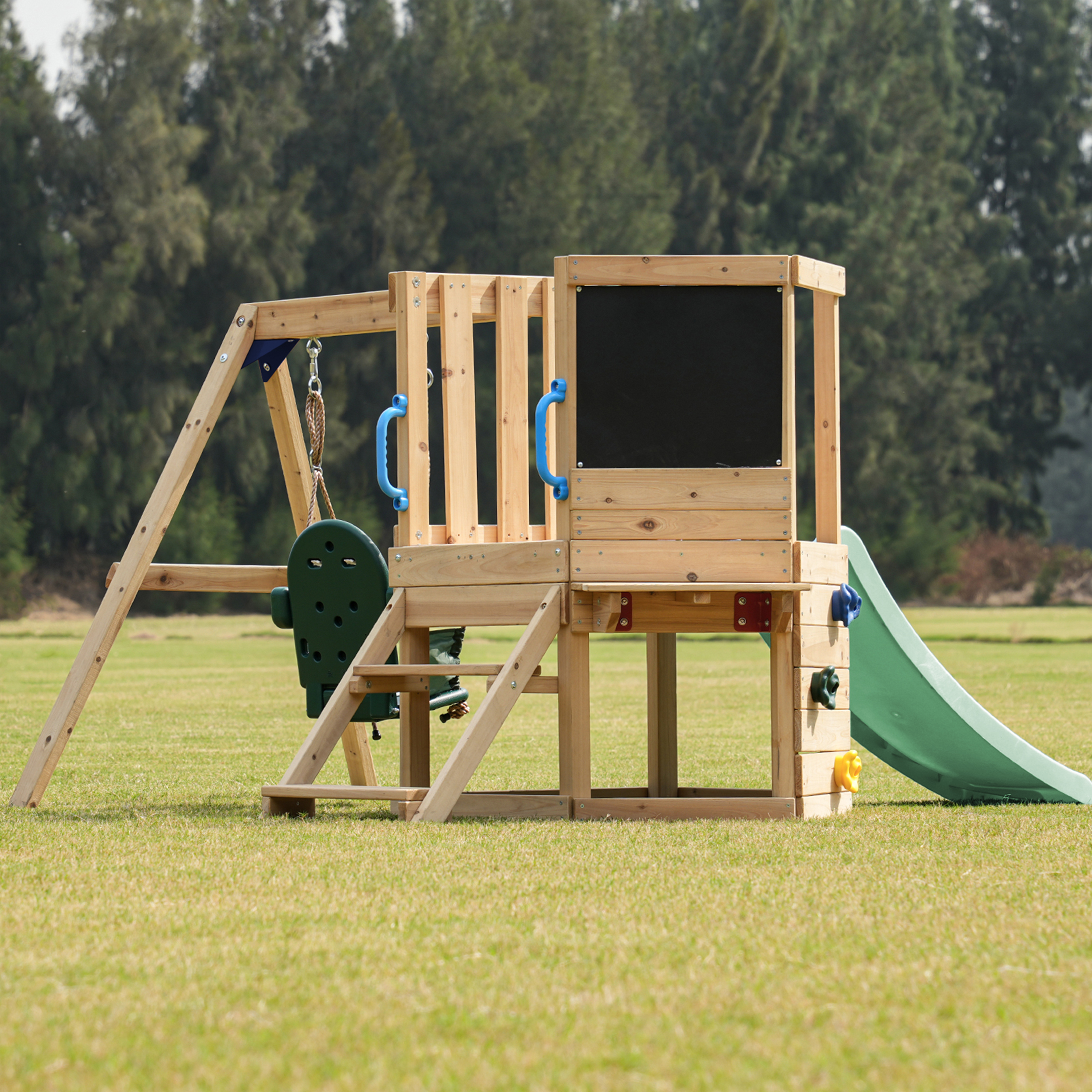 AXI Timo Mini Climbing Frame with Baby Swing. Climbing Wall and Chalkboard – Pastel Green Slide