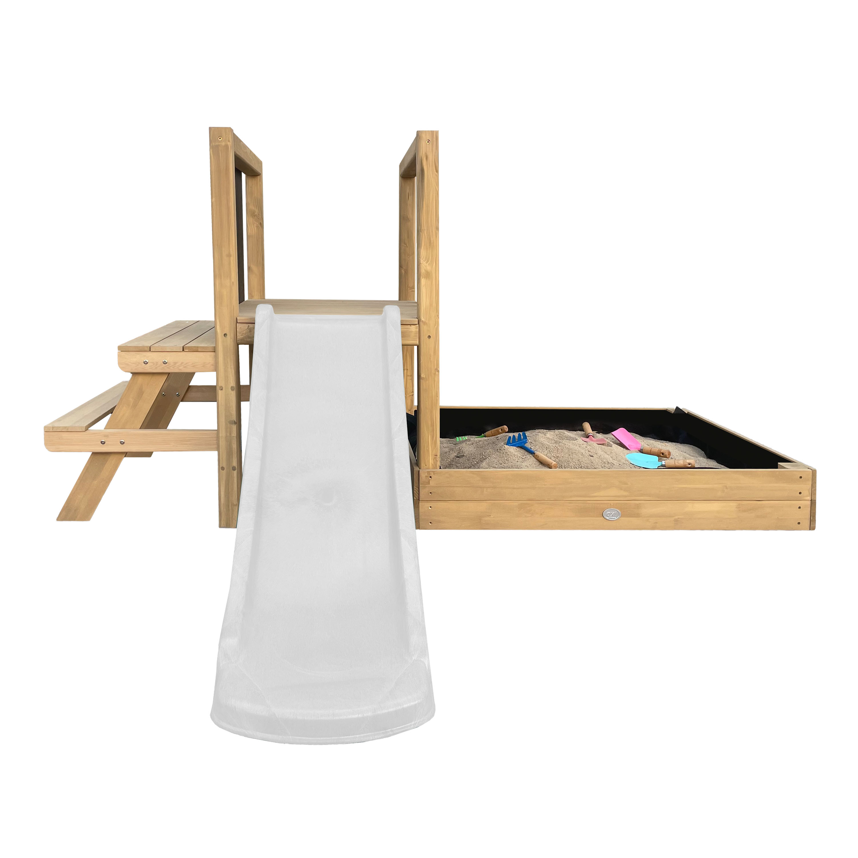 AXI Leah Mini Wooden Playtower with Sandbox, Picnic Table & Chalkboard – White Slide