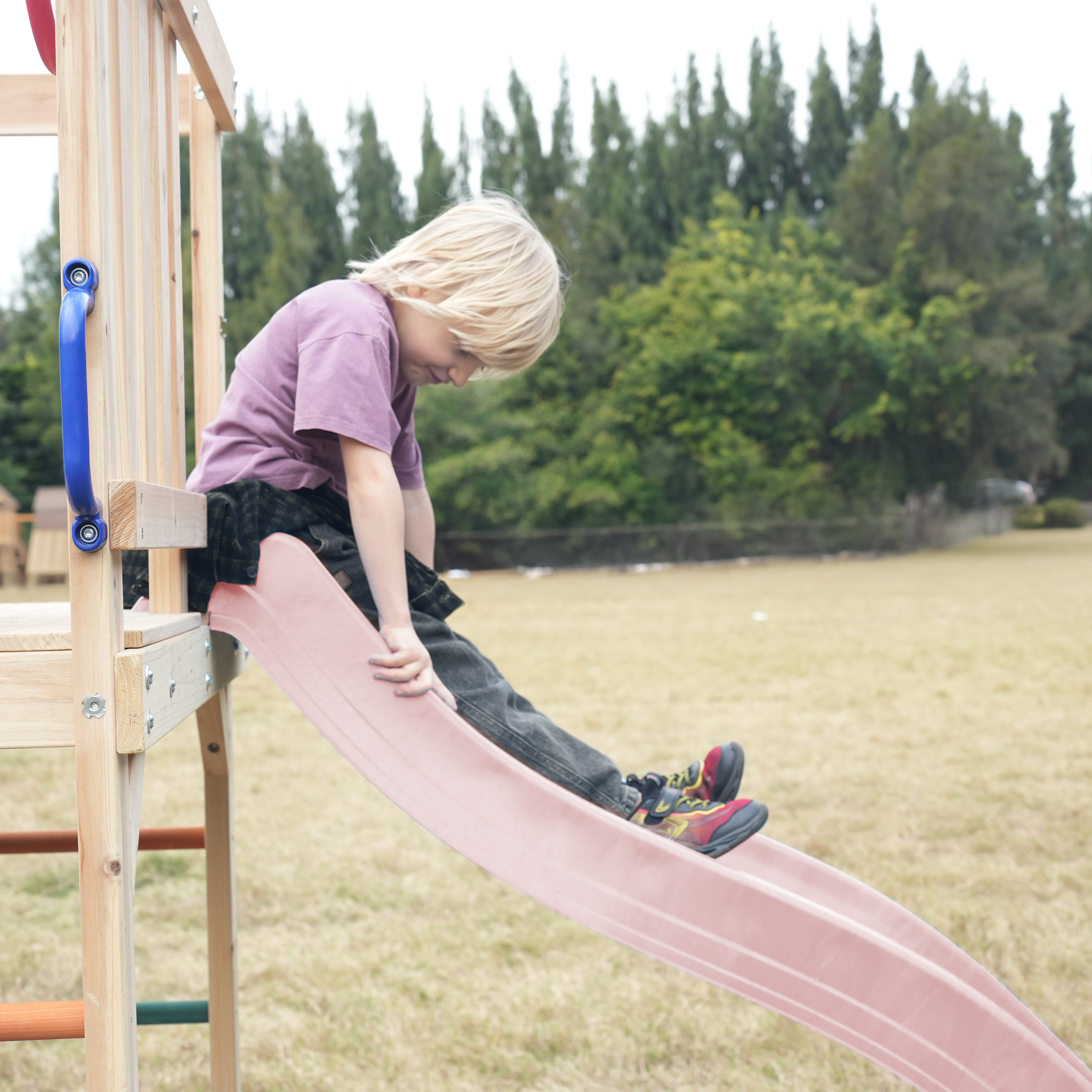 AXI Sam Climbing Frame with Climbing Wall. Climbing Net and Monkey Bars – Pastel Pink Slide
