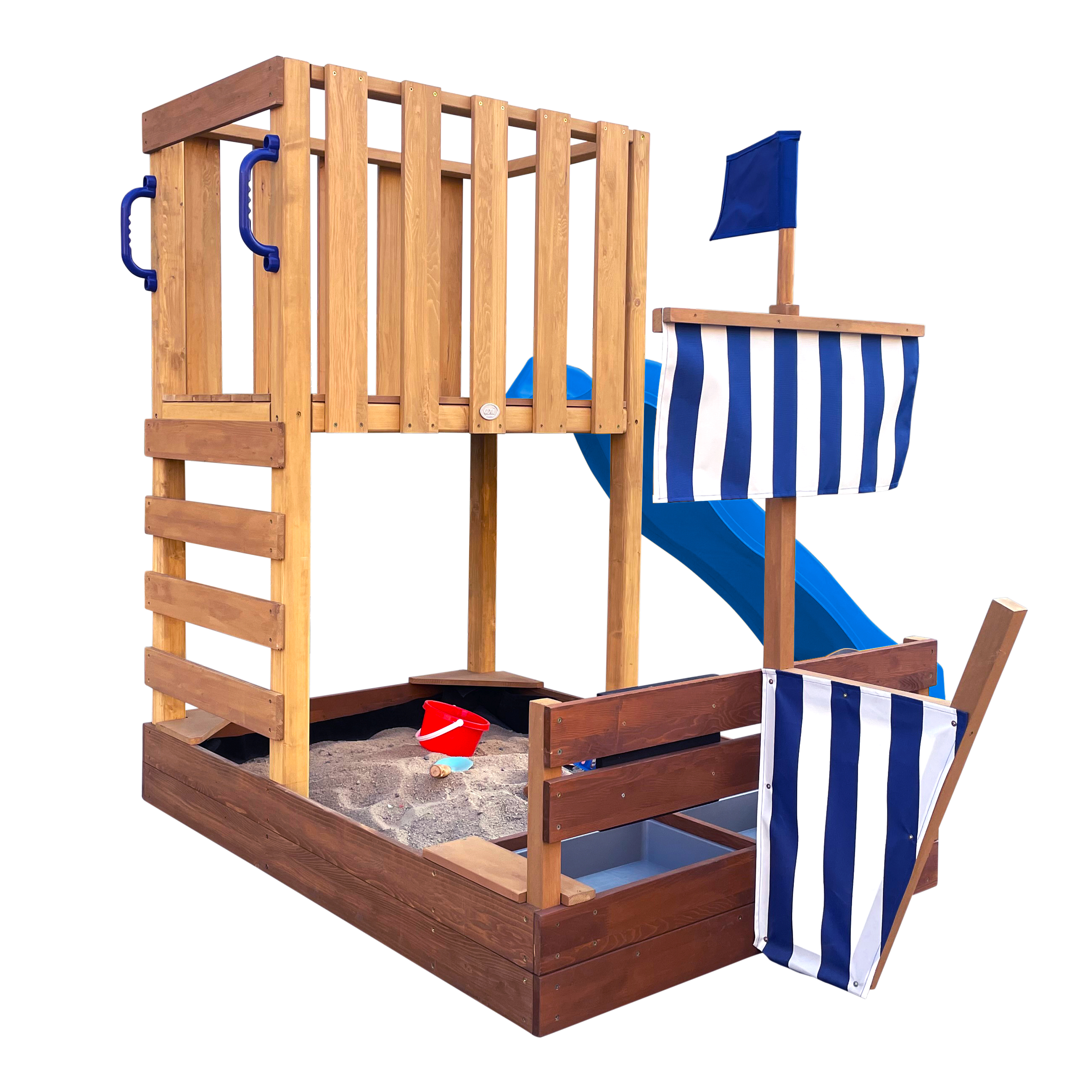 AXI Vicky Climbing Frame with Sandbox, Play Kitchen & Chalkboard – Blue Slide