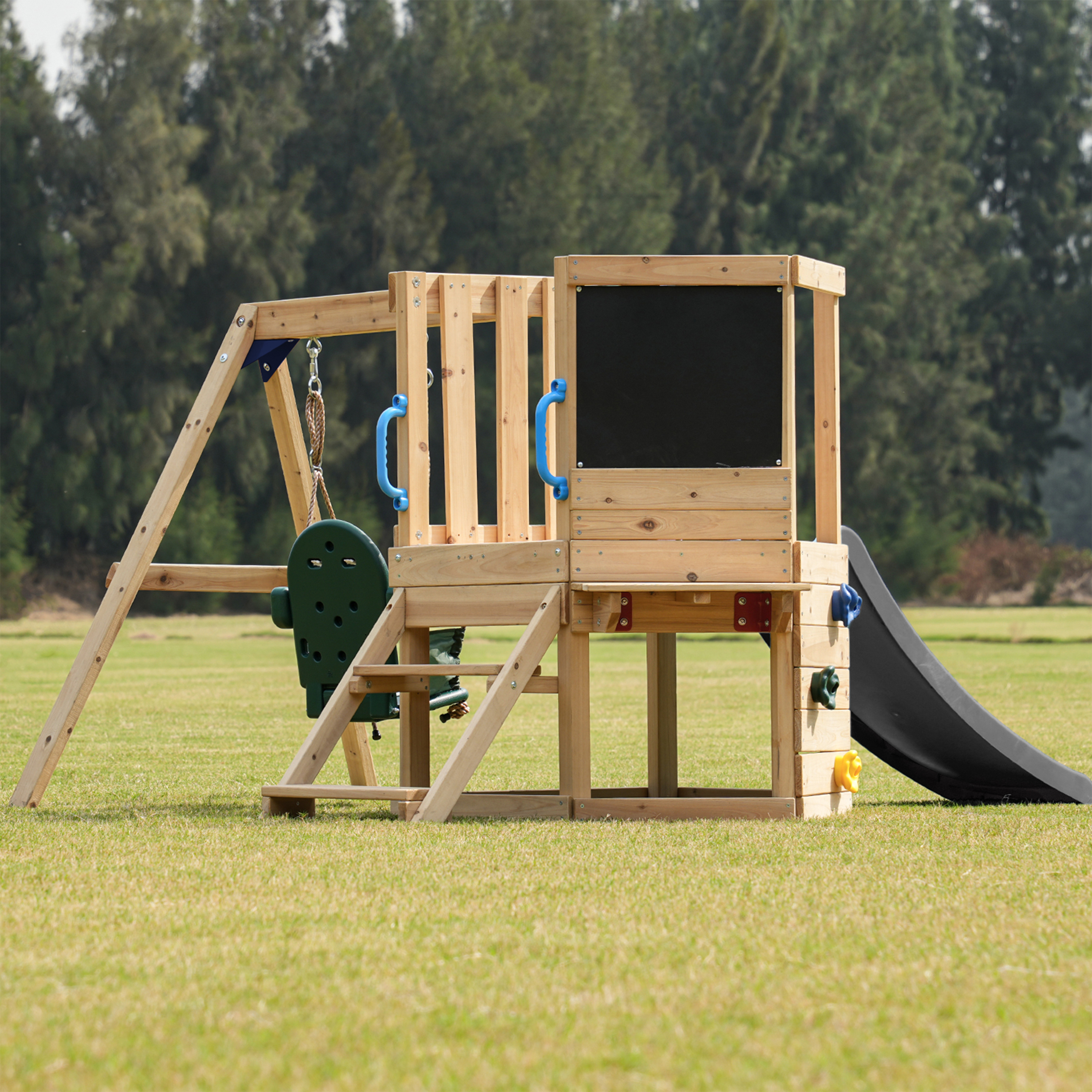 AXI Timo Mini Climbing Frame with Baby Swing. Climbing Wall and Chalkboard – Grey Slide