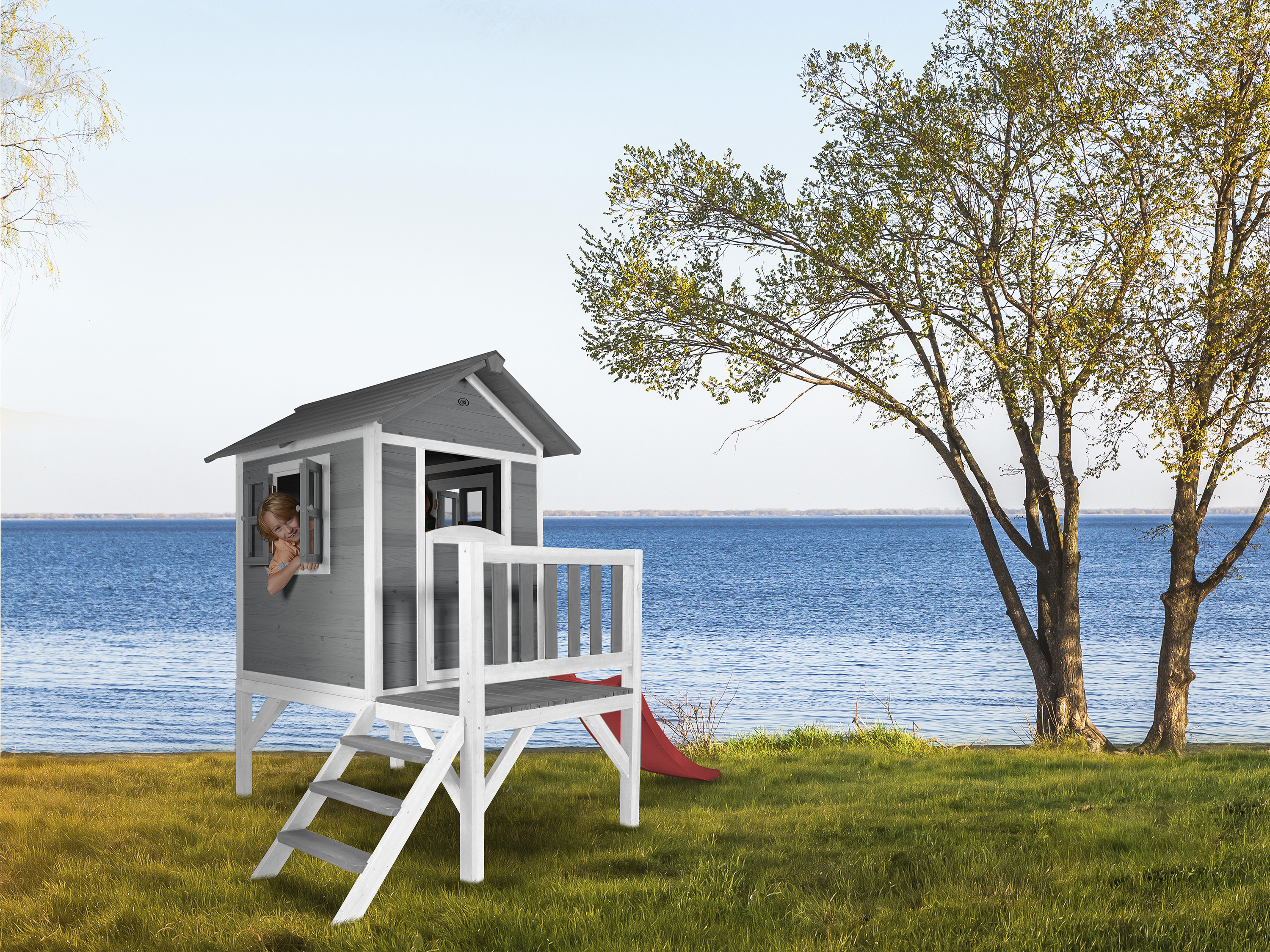 AXI Lodge XL Playhouse Cool Grey - Red Slide