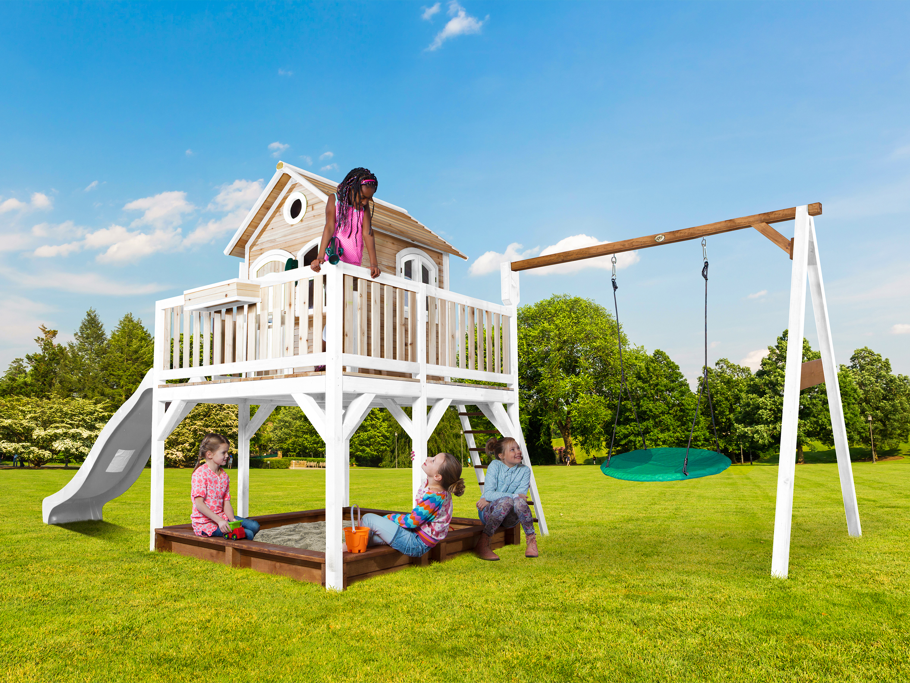 AXI Liam Playhouse with Summer Nest Swing Set Brown/White - White Slide