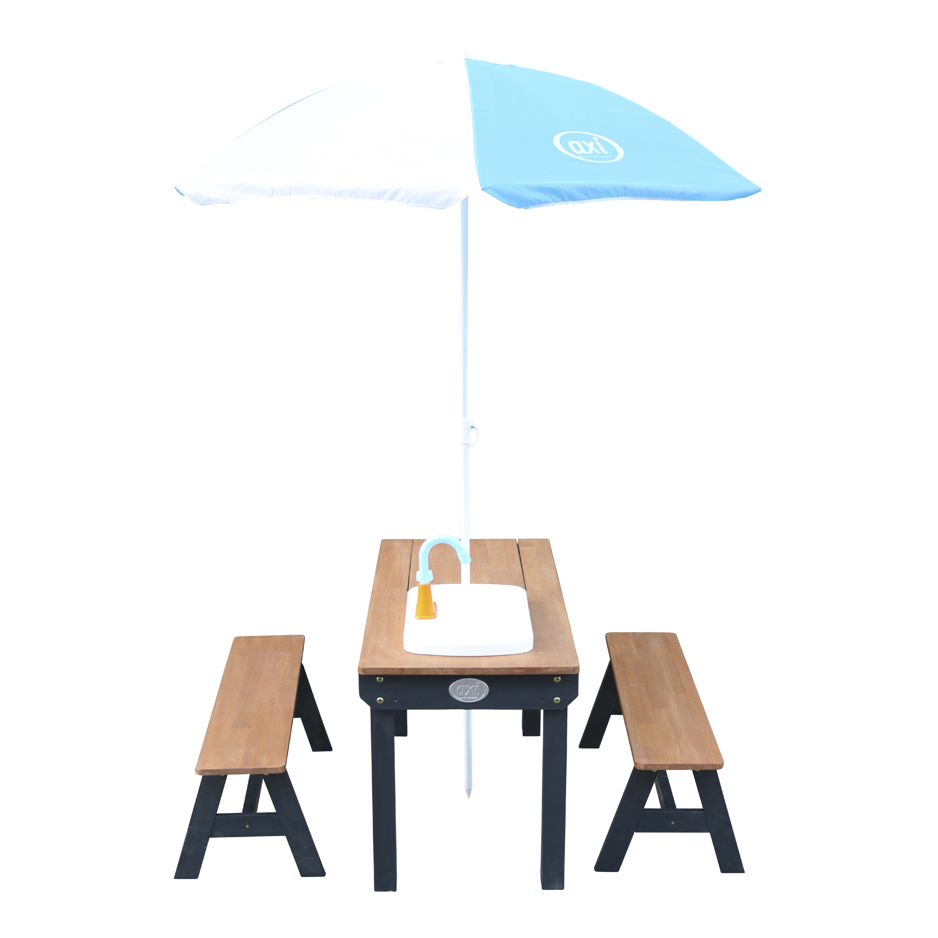 AXI Dennis Sand & Water Picnic Table with Play Kitchen Sink and Benches Anthracite/Brown - Umbrella Blue/White