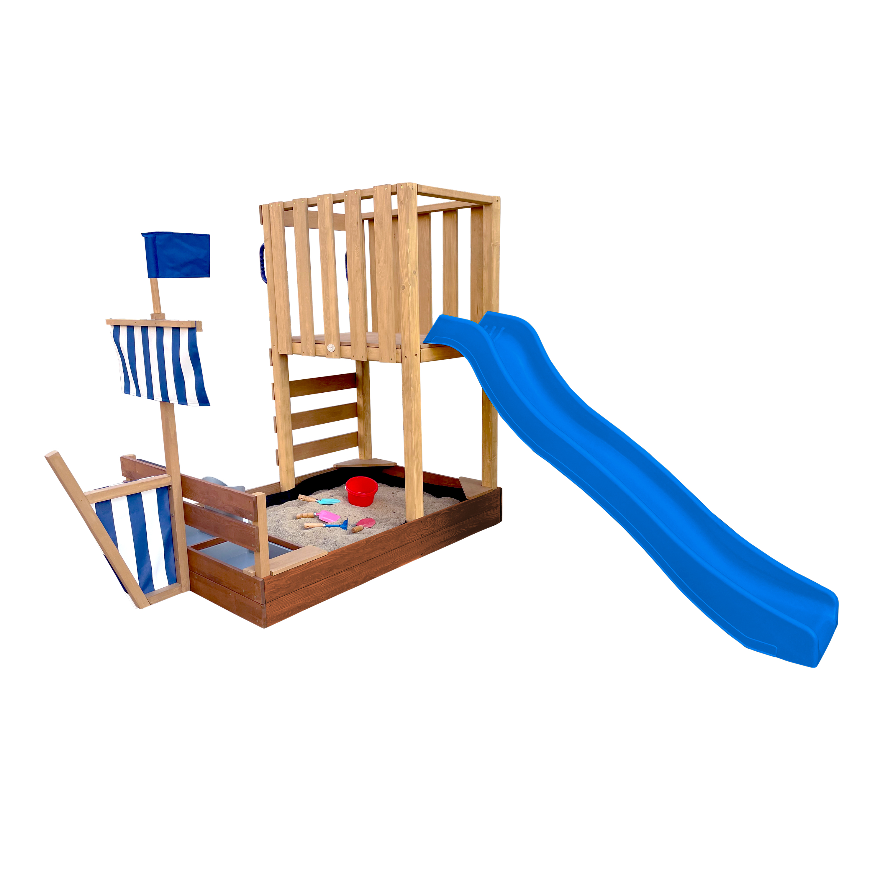 AXI Vicky Climbing Frame with Sandbox, Play Kitchen & Chalkboard – Blue Slide