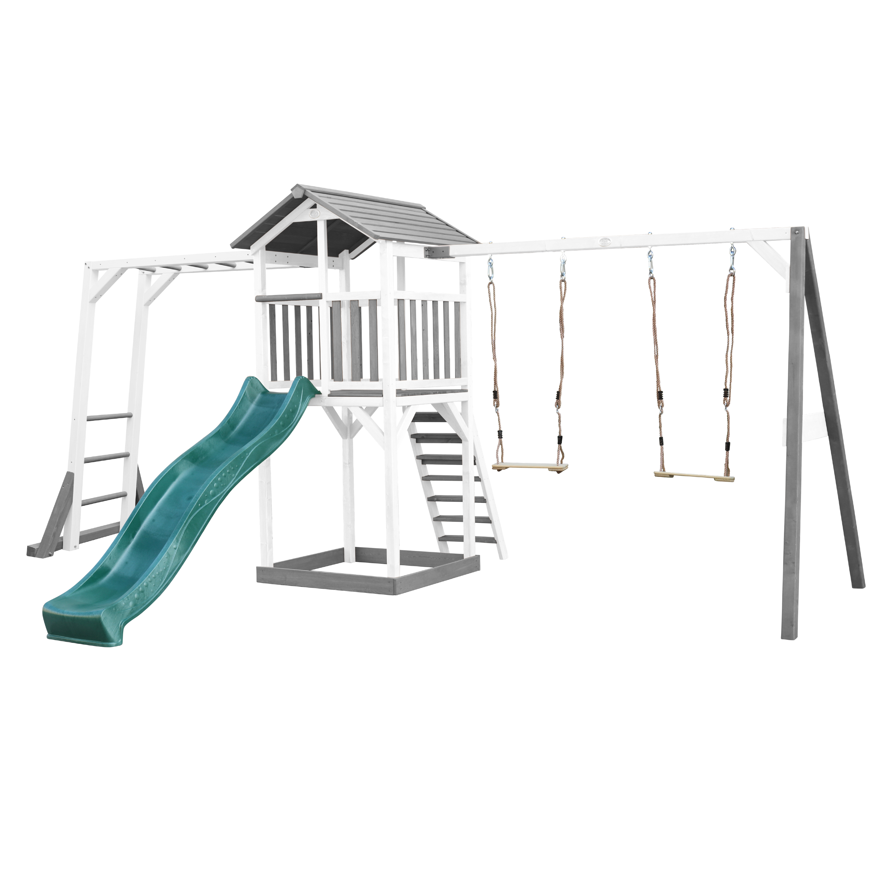AXI Beach Tower with Climbing Frame and Double Swing Set Grey/White - Green Slide