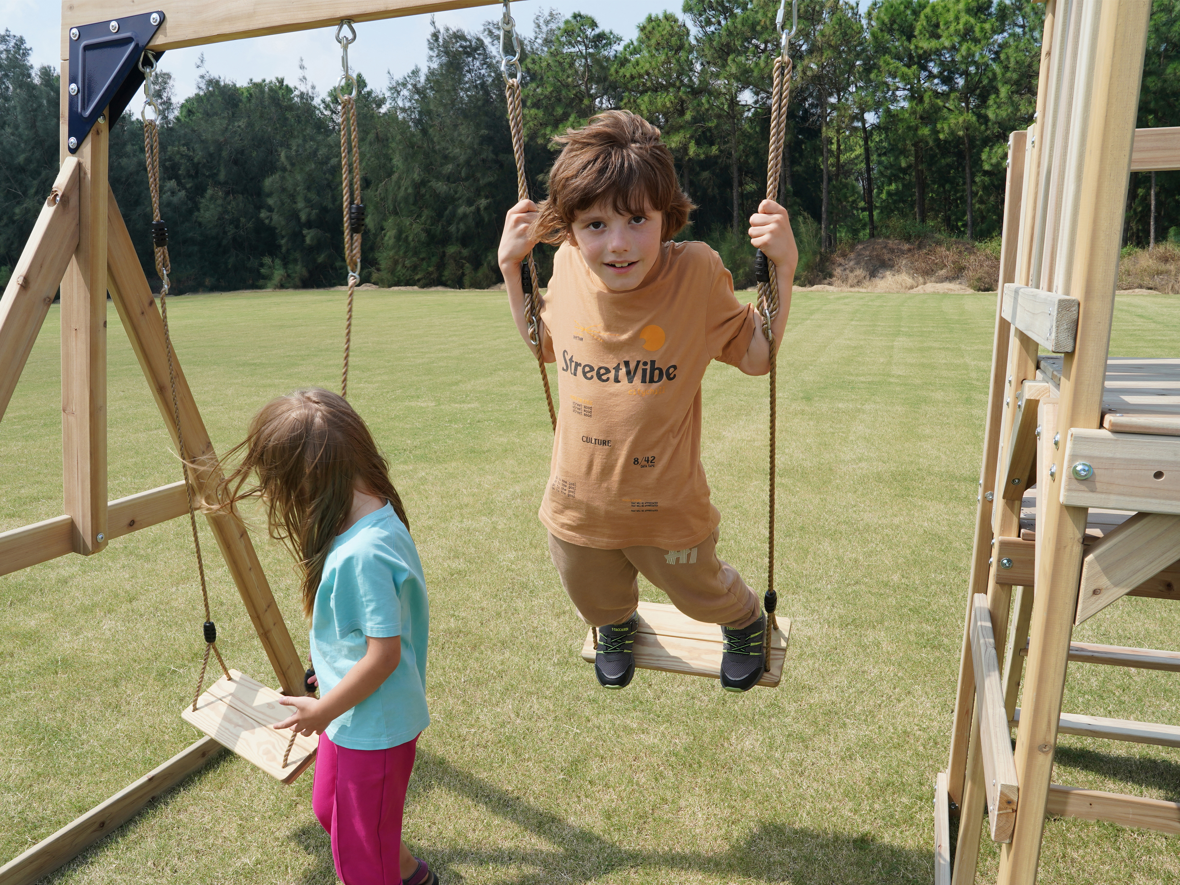 AXI Mette Climbing Frame with Double Swing Set and Picnic Table - Green Slide