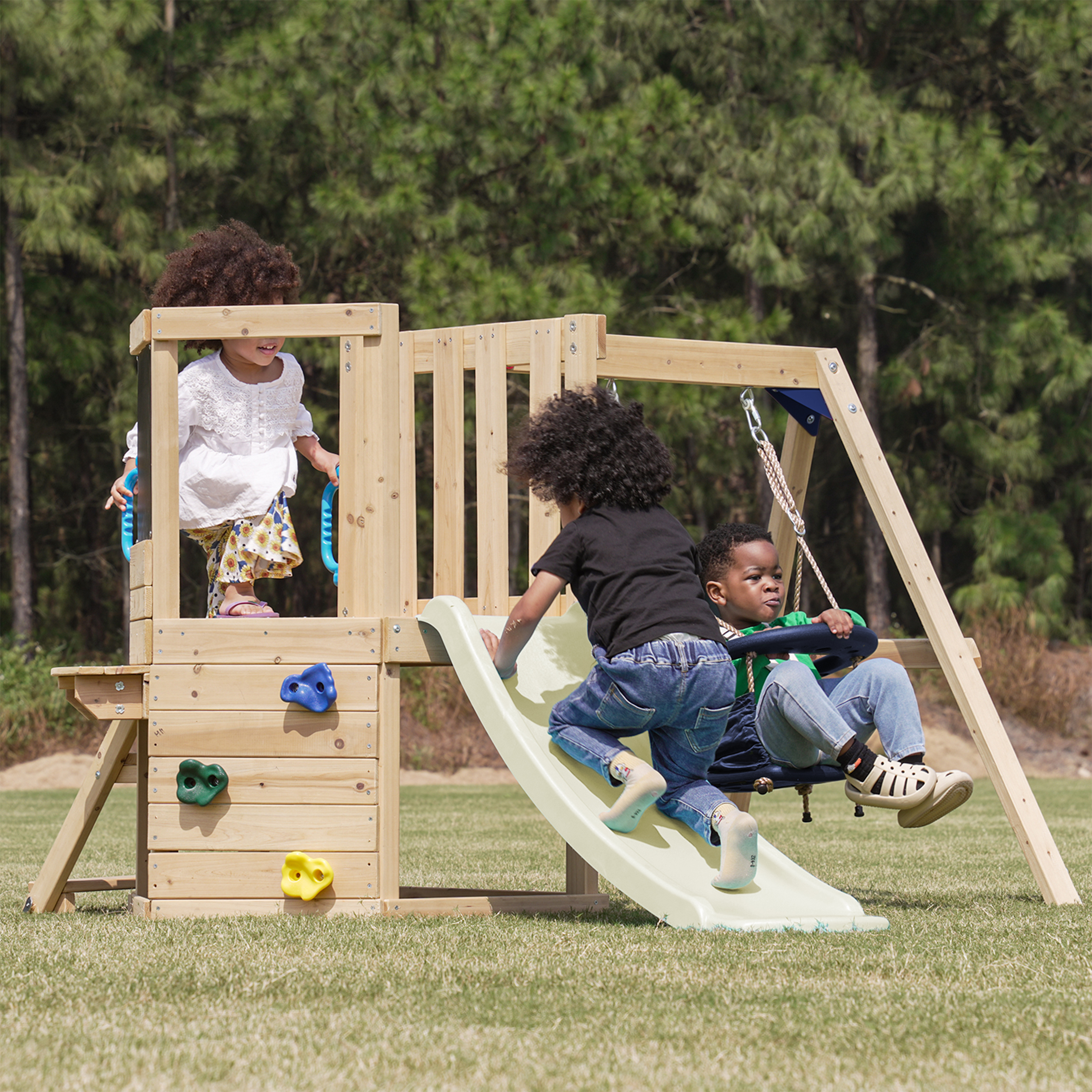 AXI Timo Mini Climbing Frame with Baby Swing. Climbing Wall and Chalkboard – Cream Slide