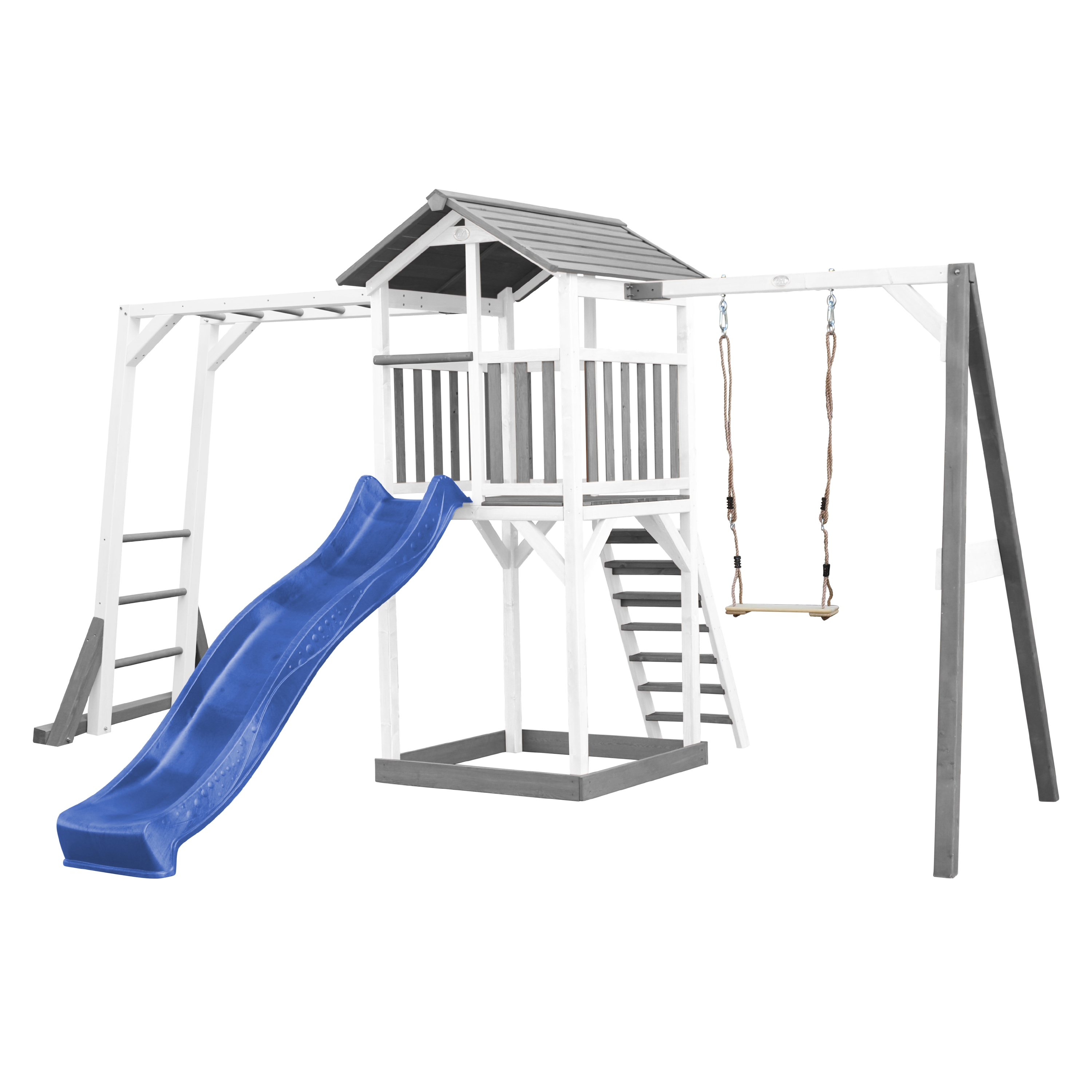 AXI Beach Tower with Climbing Frame and Single Swing Set Grey/White - Blue Slide