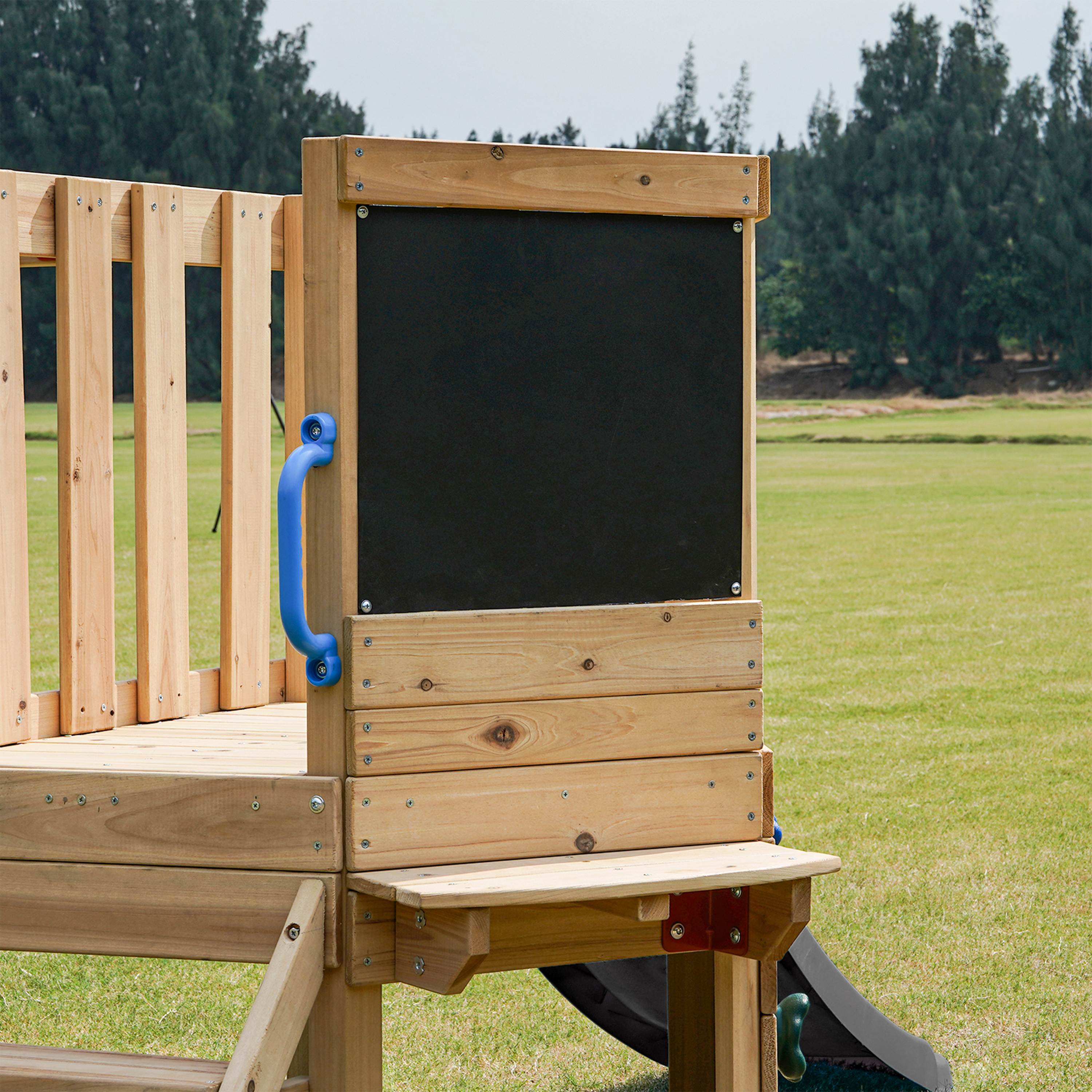 AXI Timo Mini Climbing Frame with Baby Swing. Climbing Wall and Chalkboard – Grey Slide
