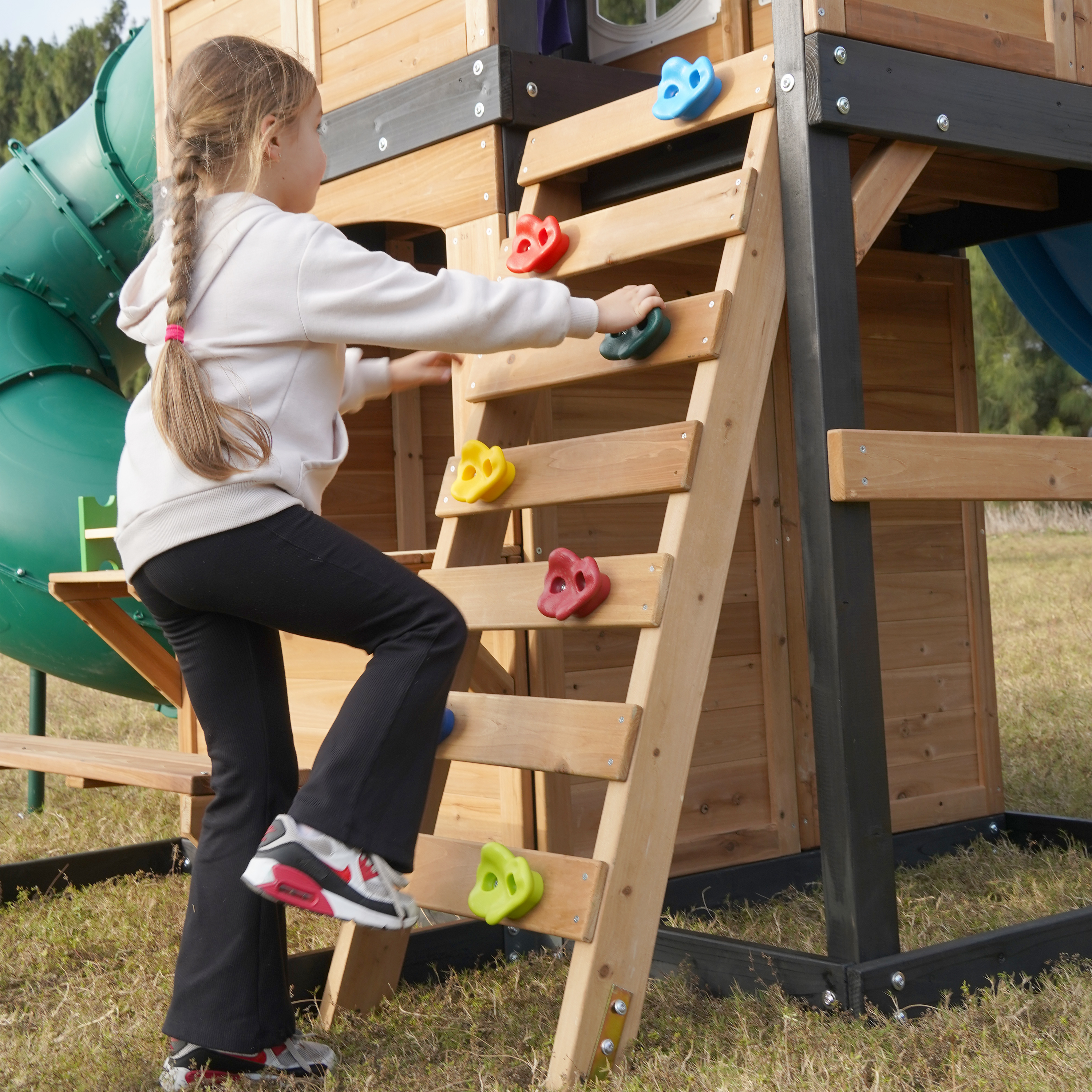AXI Noud Climbing Frame with Playhouse, Swings, Trapeze and Climbing Wall – Pastel Green Slide and Tube Slide