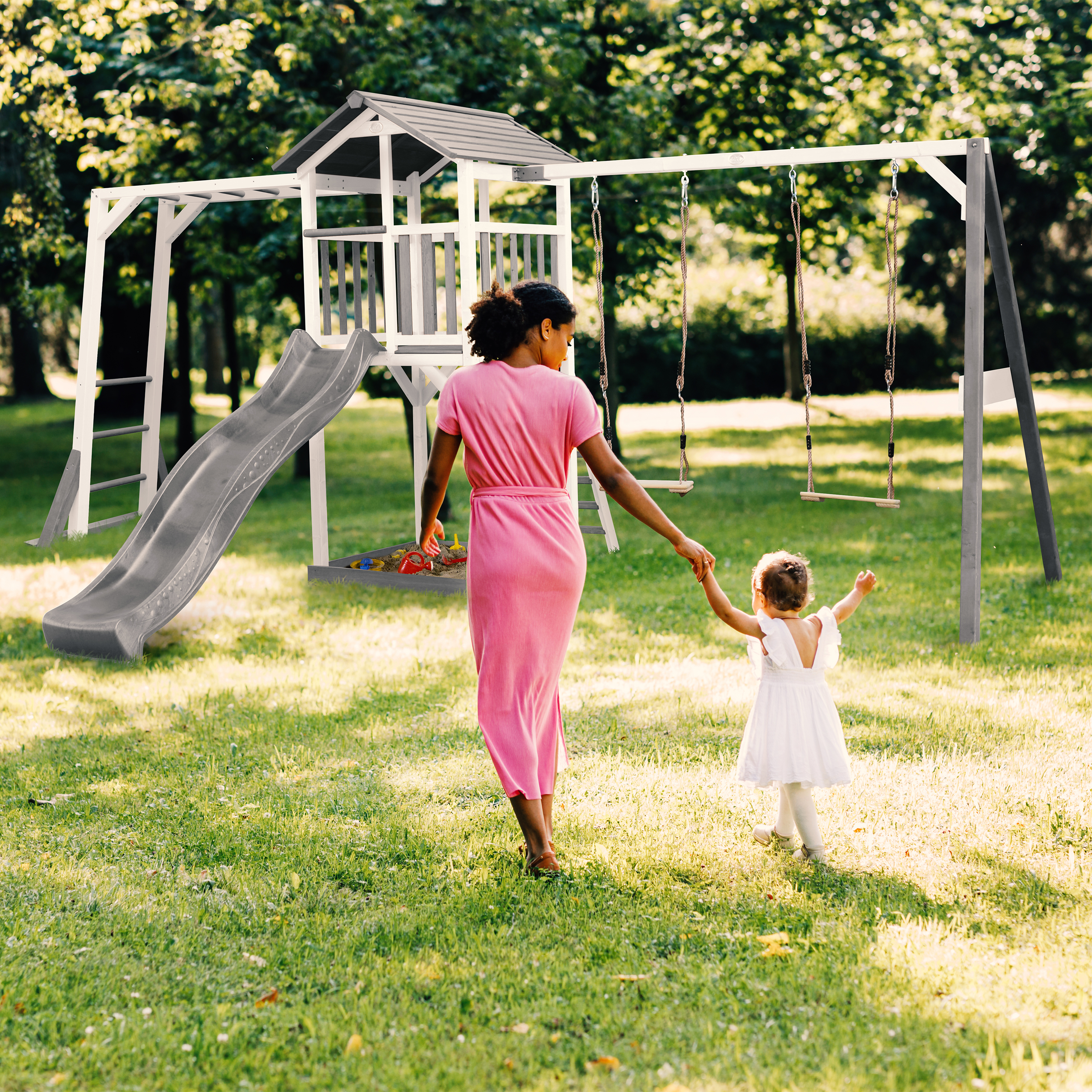 AXI Beach Tower with Climbing Frame and Double Swing Set Grey/White - Grey Slide
