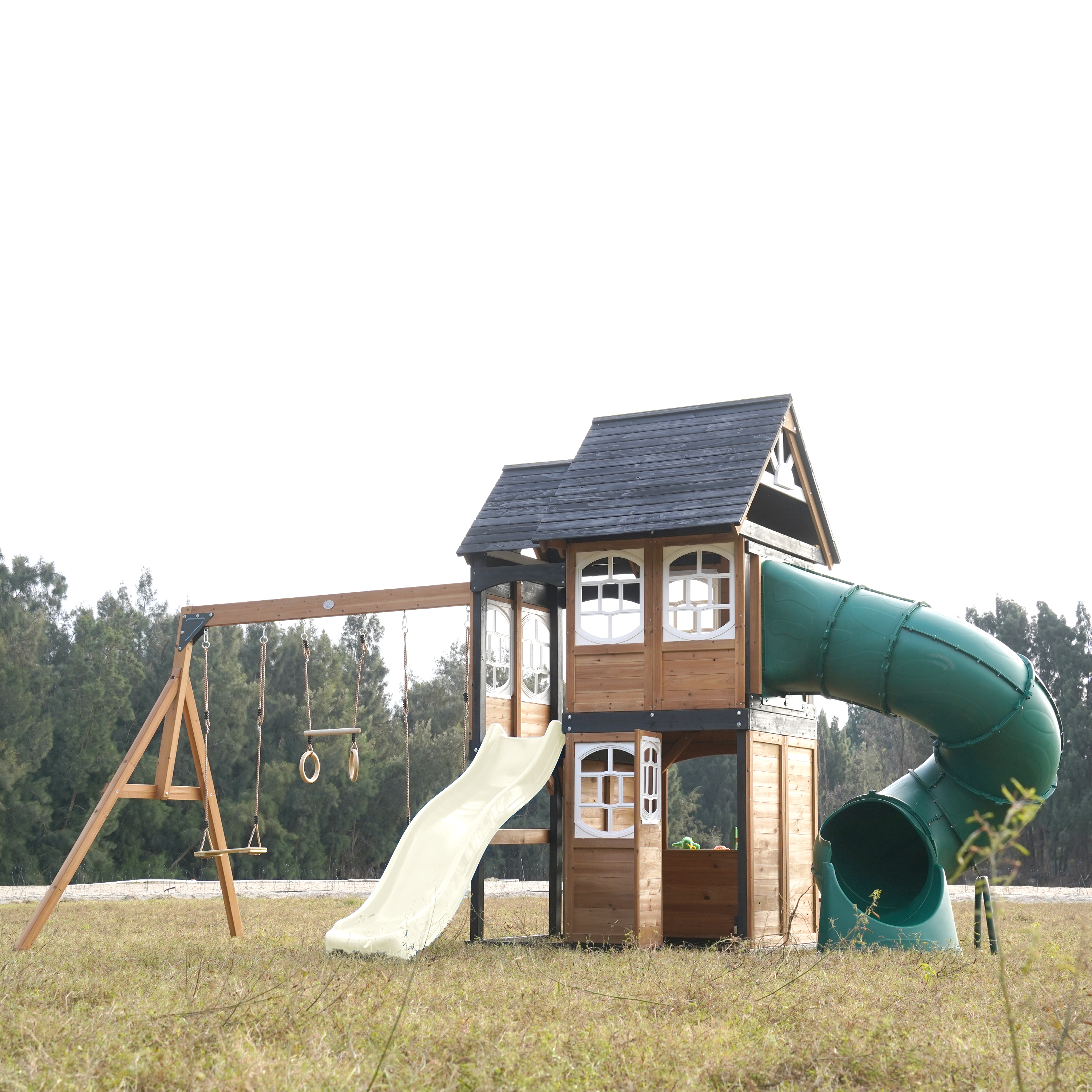 AXI Noud Climbing Frame with Playhouse. Swings. Trapeze and Climbing Wall – Cream Slide and Tube Slide