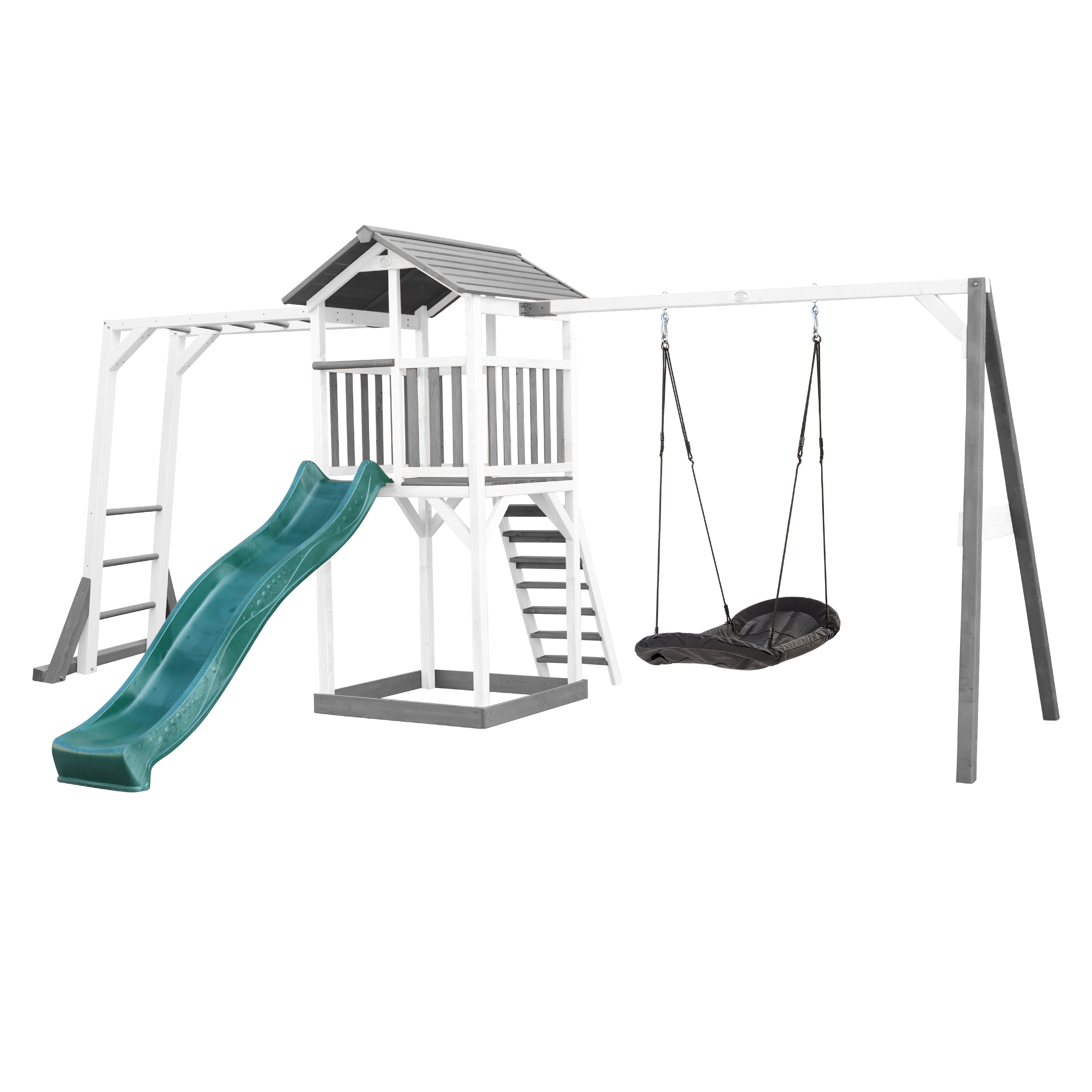 AXI Beach Tower with Climbing Frame and Roxy Nest Swing Set Grey/White - Green Slide