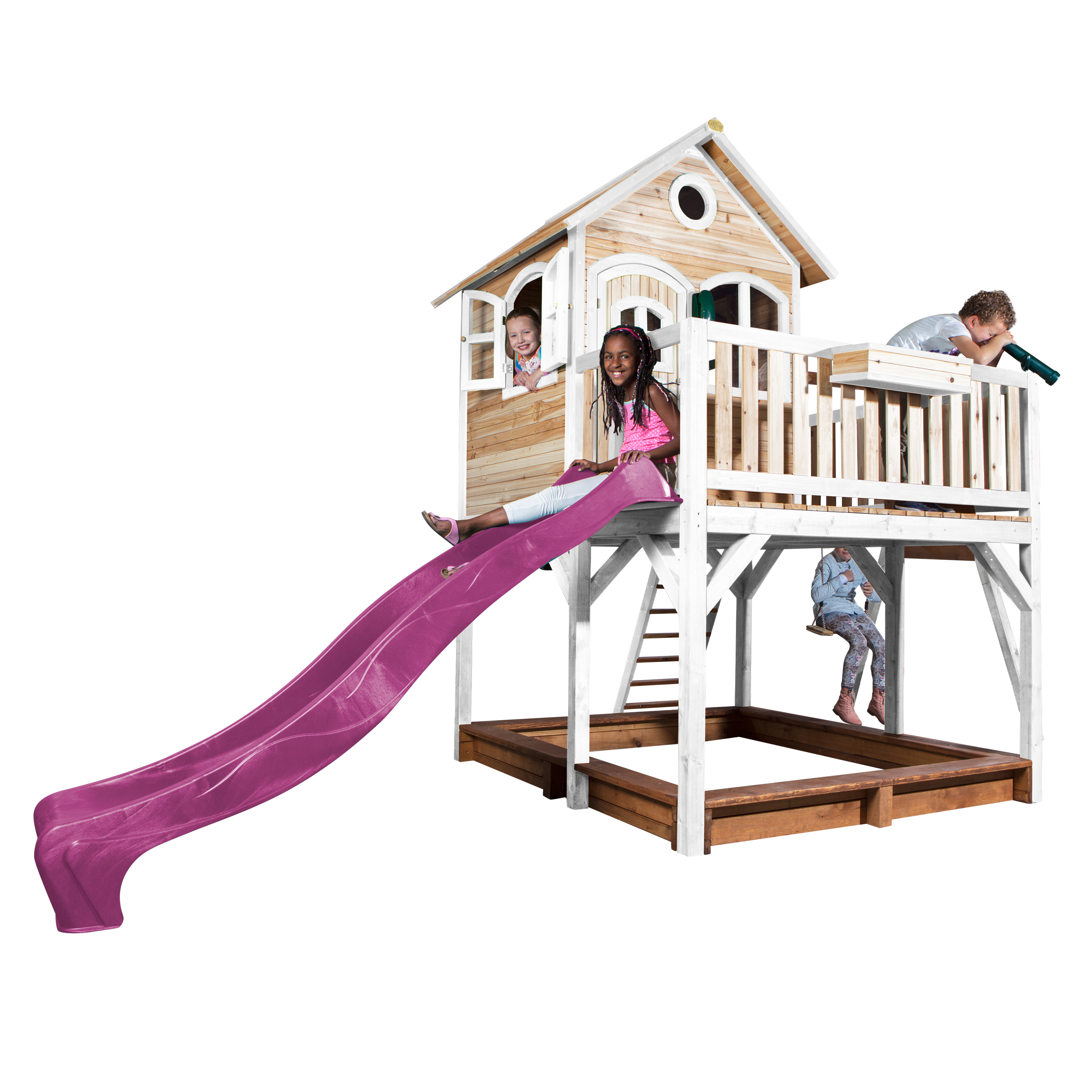 AXI Liam Playhouse with Double Swing Set Brown/White - Purple Slide
