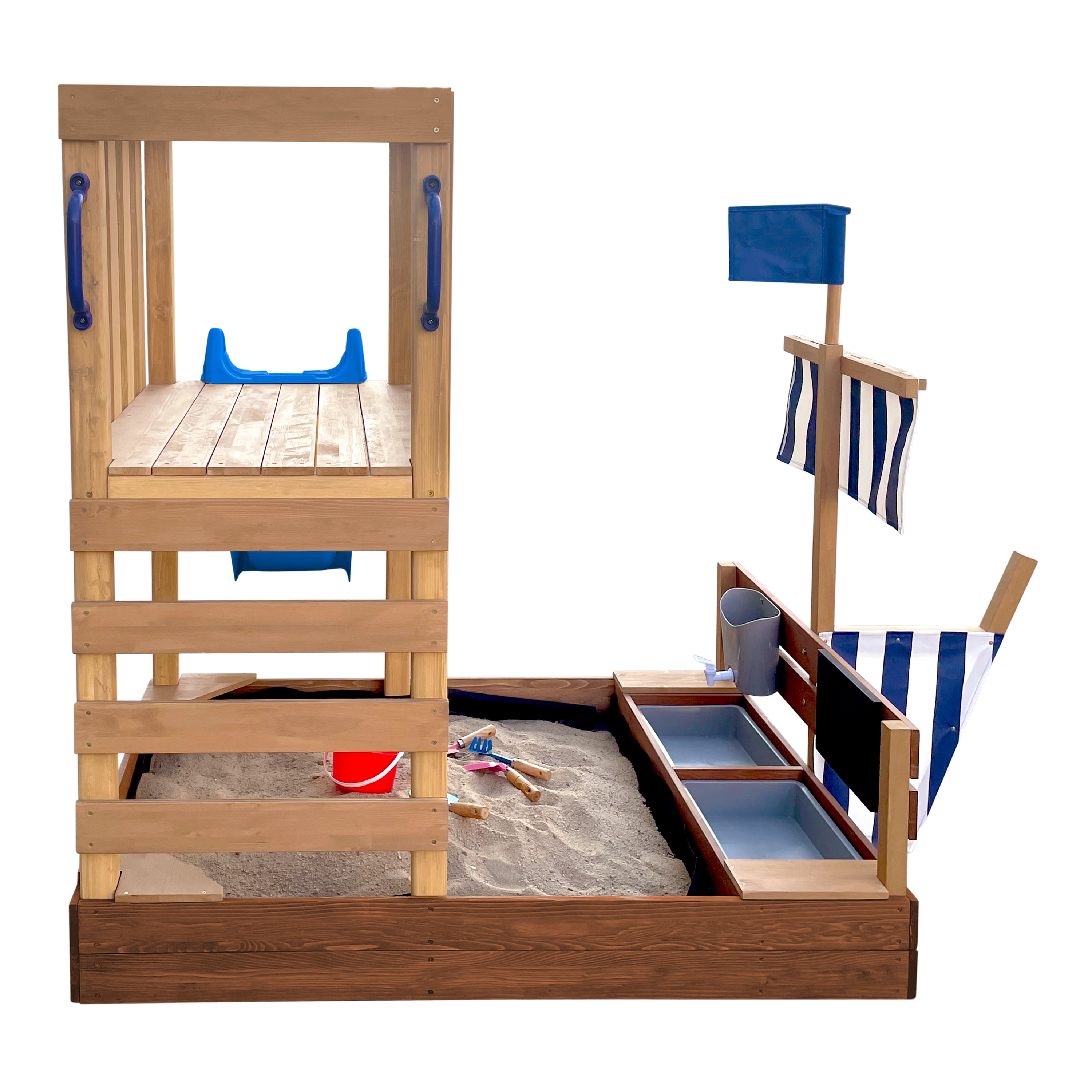 AXI Vicky Climbing Frame with Sandbox, Play Kitchen & Chalkboard – Blue Slide
