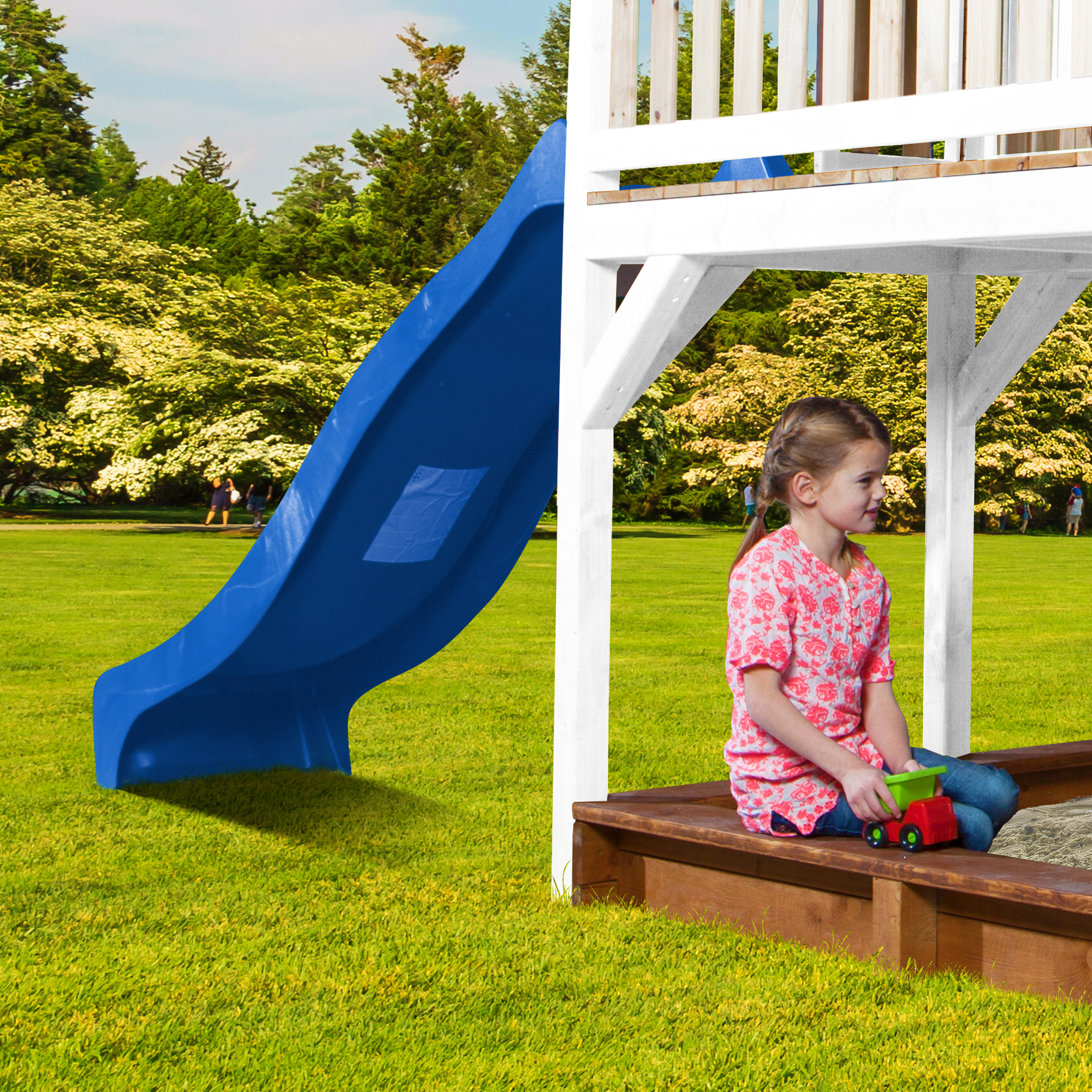 AXI Liam Playhouse with Double Swing Set Brown/White - Blue Slide