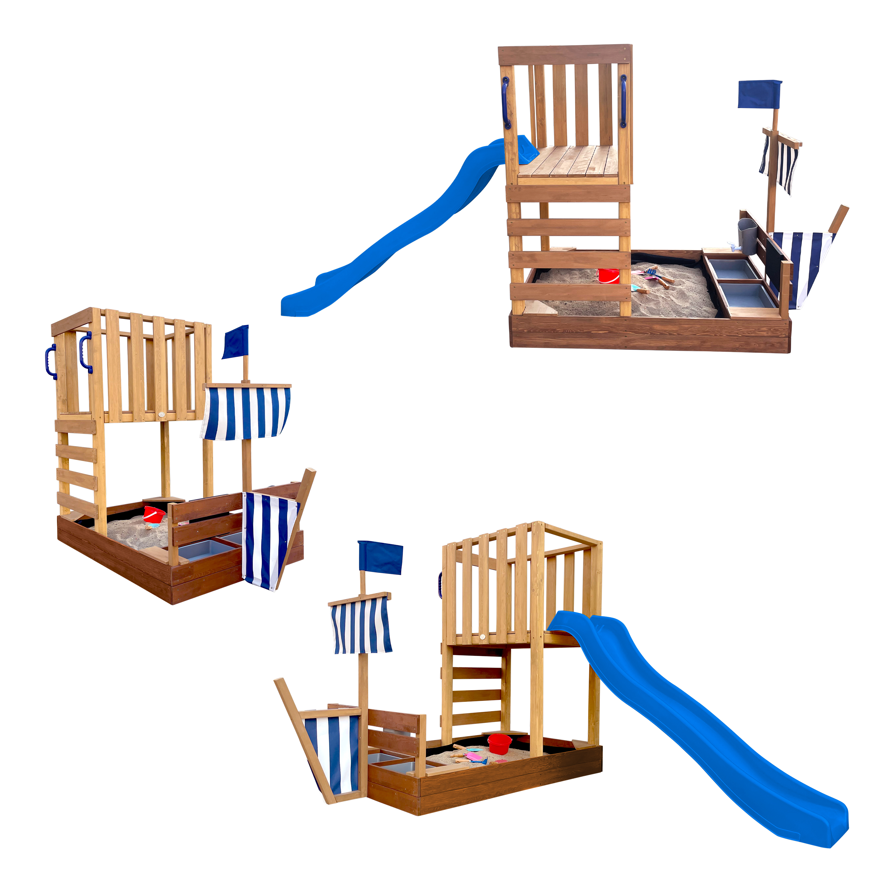 AXI Vicky Climbing Frame with Sandbox, Play Kitchen & Chalkboard – Blue Slide