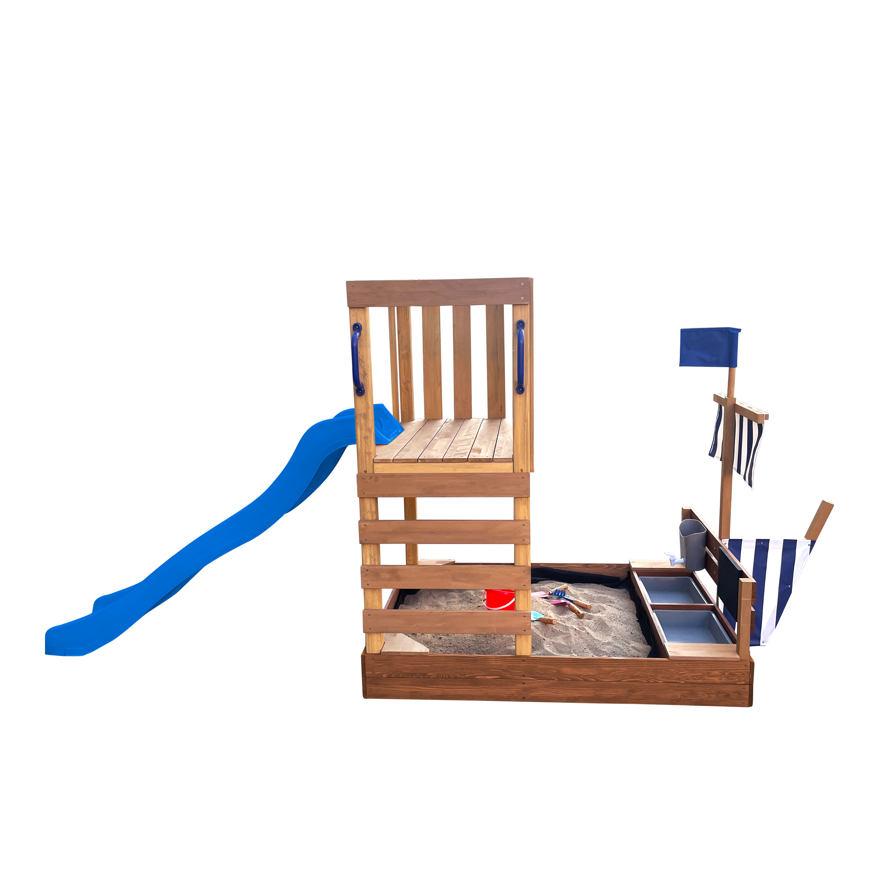 AXI Vicky Climbing Frame with Sandbox, Play Kitchen & Chalkboard – Blue Slide
