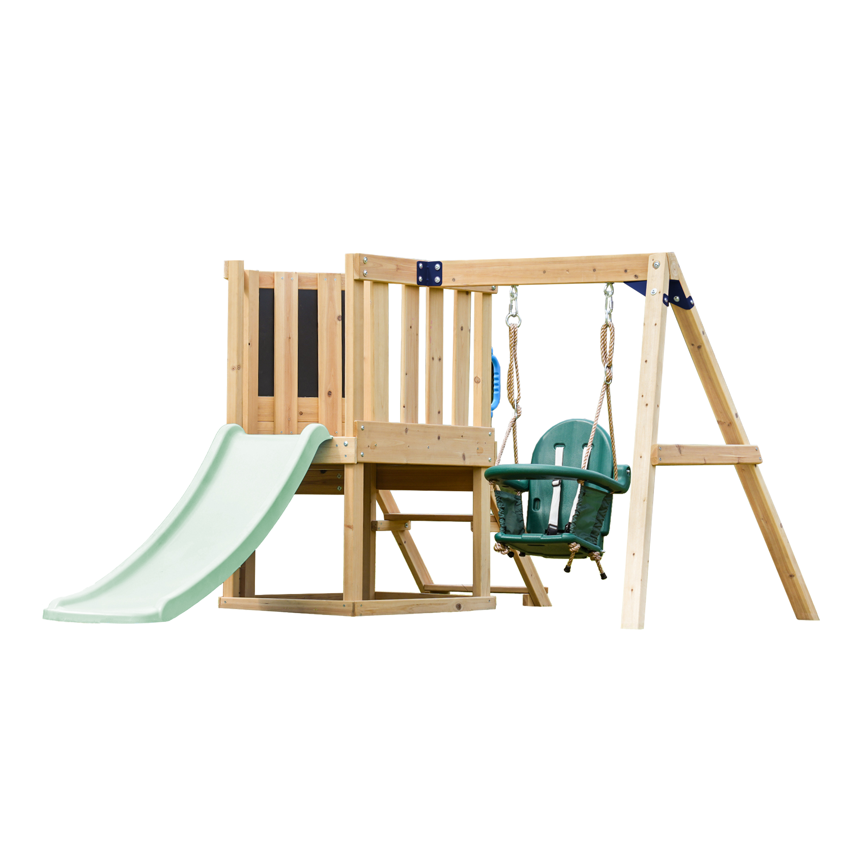 AXI Timo Mini Climbing Frame with Baby Swing. Climbing Wall and Chalkboard – Pastel Green Slide