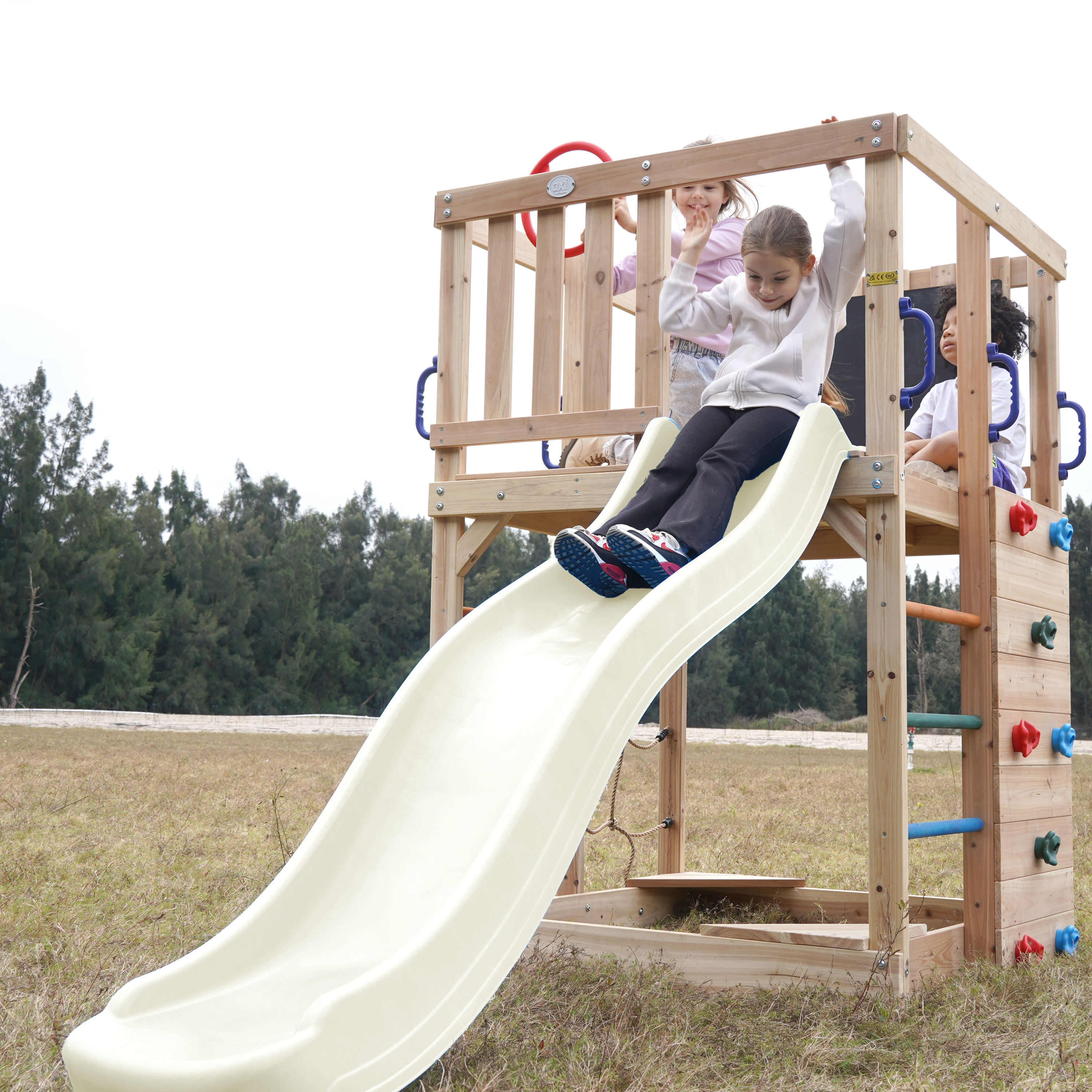 AXI Sam Climbing Frame with Climbing Wall. Climbing Net and Monkey Bars – Cream Slide