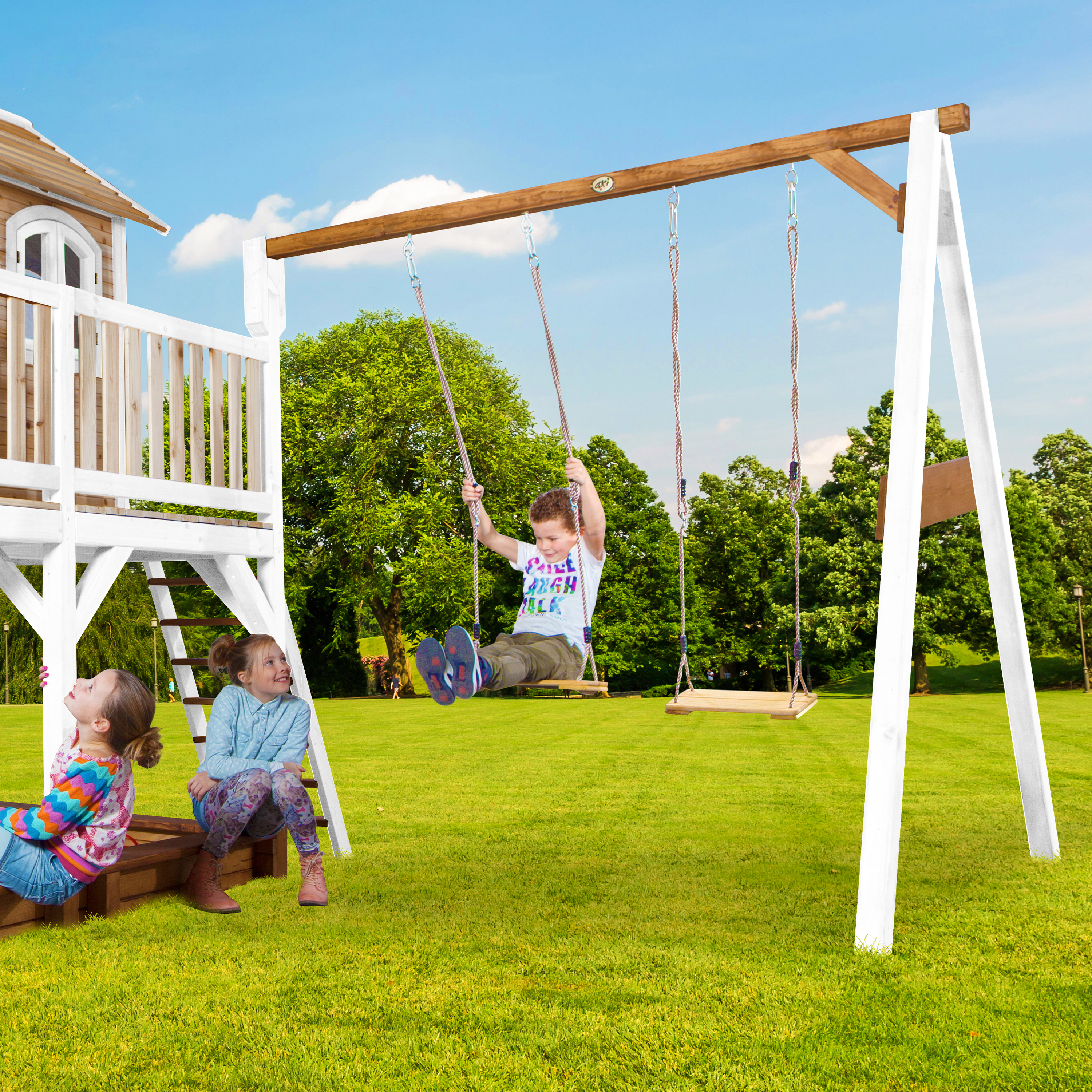 AXI Liam Playhouse with Double Swing Set Brown/White - Purple Slide