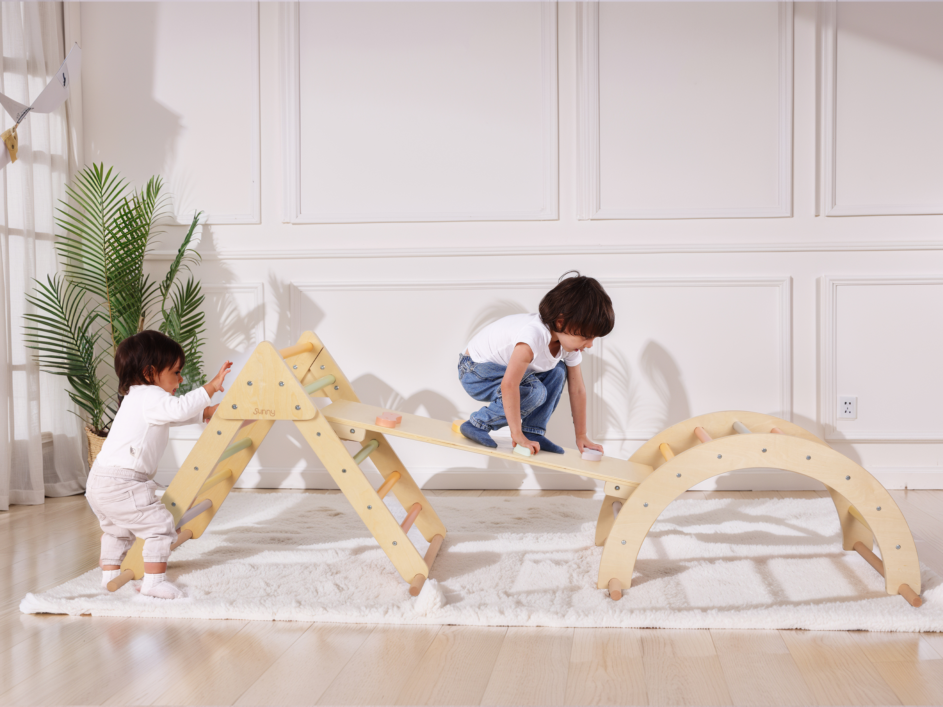 Sunny Charlie 3-in-1 Wooden Climbing Triangle with Climbing Wall and Rocker - Pastel