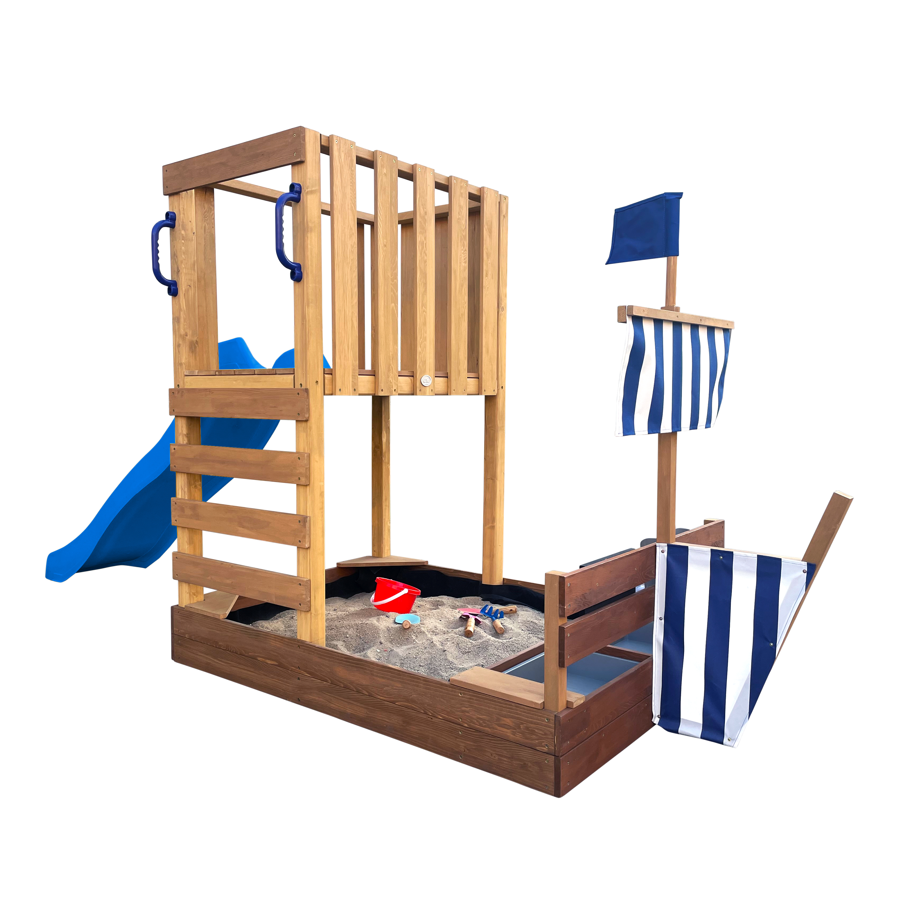AXI Vicky Climbing Frame with Sandbox, Play Kitchen & Chalkboard – Blue Slide