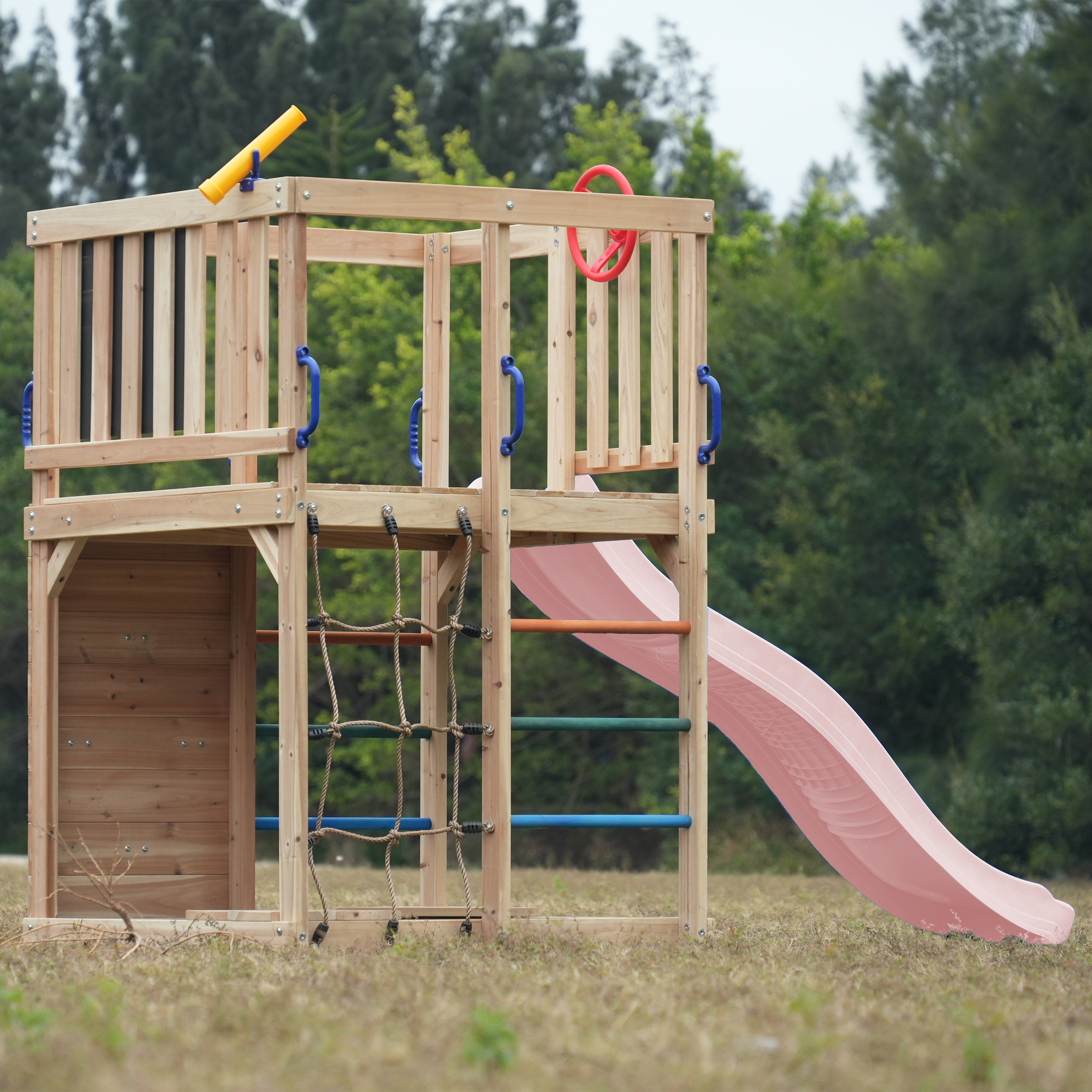 AXI Sam Climbing Frame with Climbing Wall. Climbing Net and Monkey Bars – Pastel Pink Slide