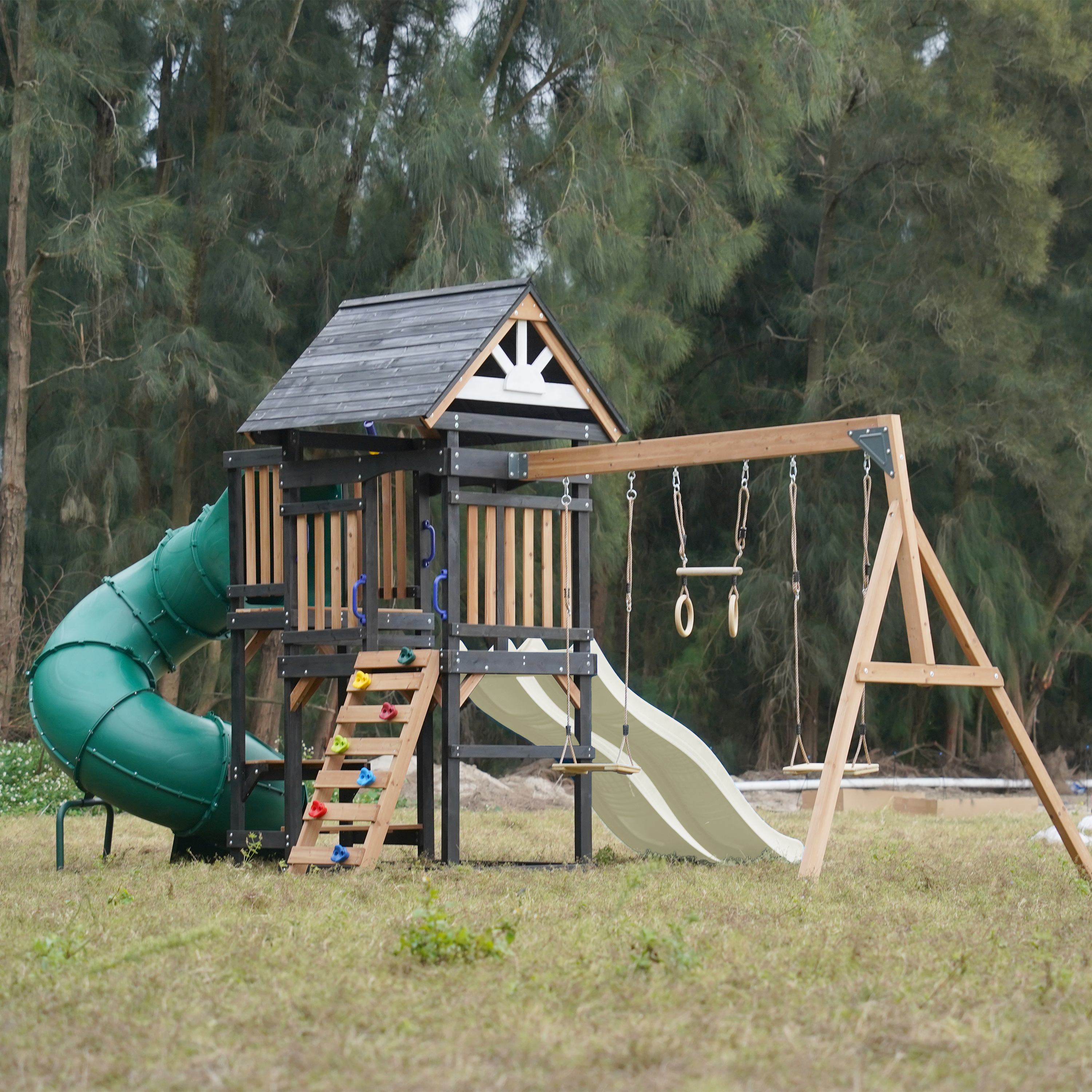 AXI Cody Climbing Frame with Swings, Trapeze and Climbing Wall – Cream Double Slide and Tube Slide