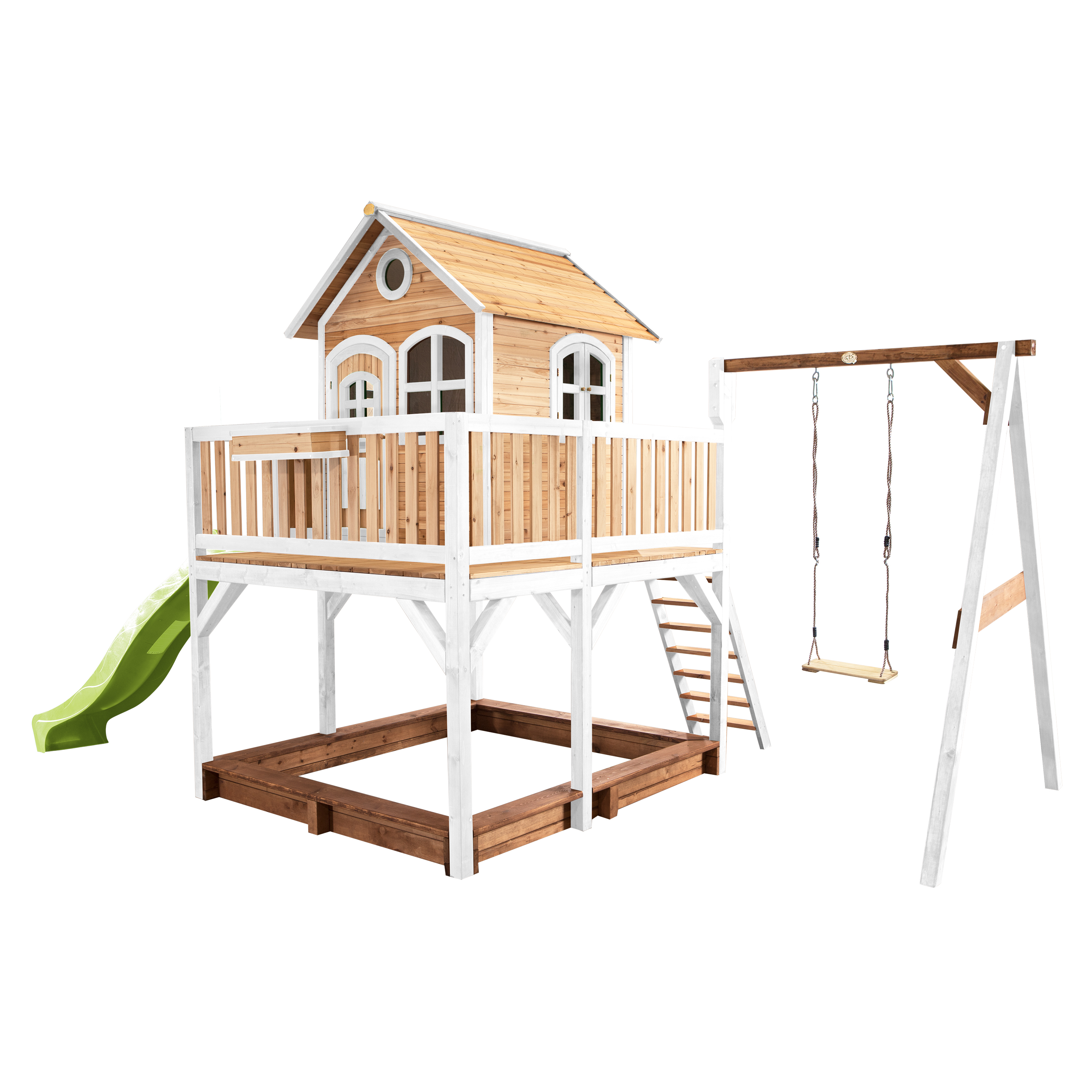 AXI Liam Playhouse with Single Swing Set Brown/White - Lime Green Slide